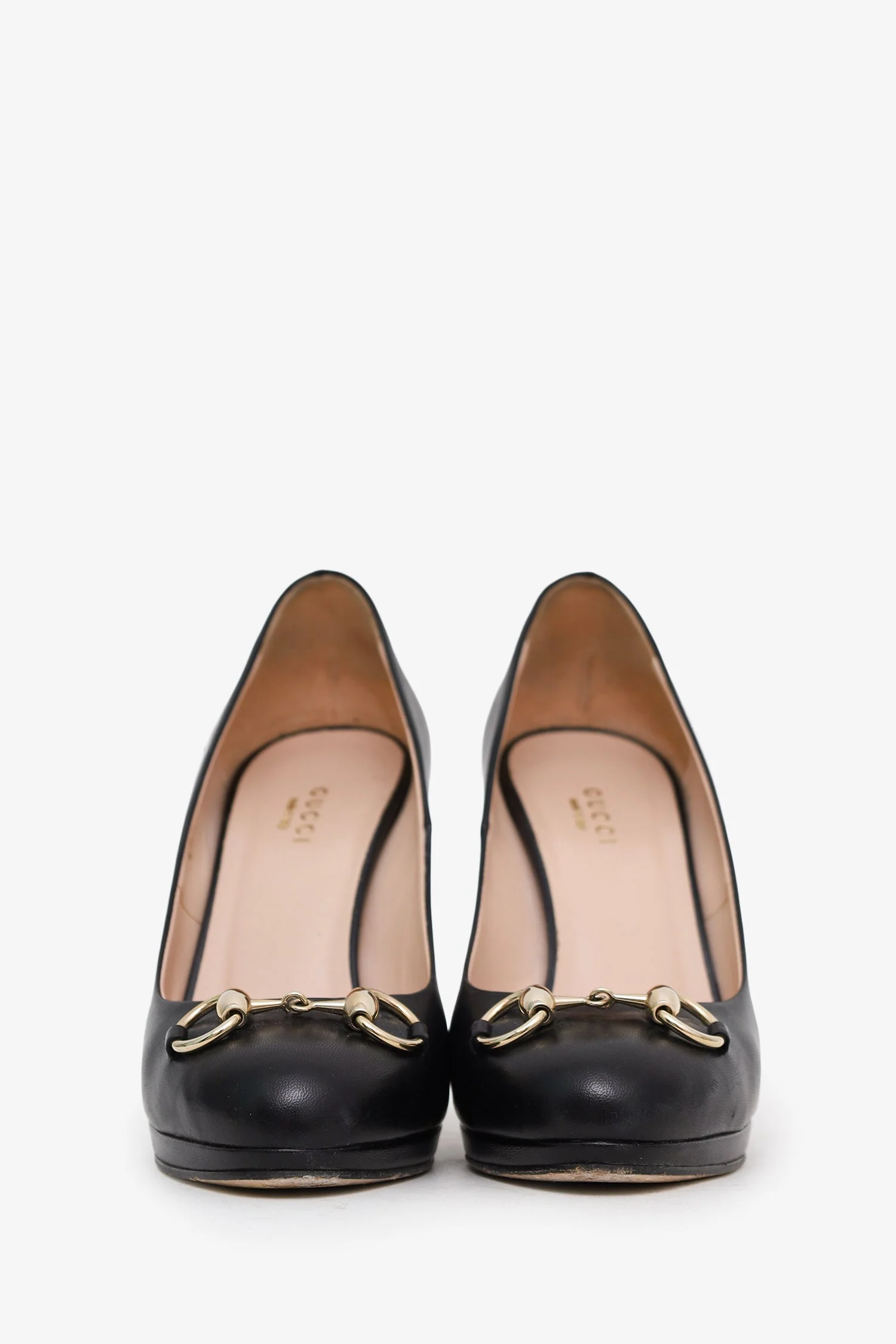 Gucci Black Leather Horsebit Platform Round Toe Heels Size 37.5 - Image 3