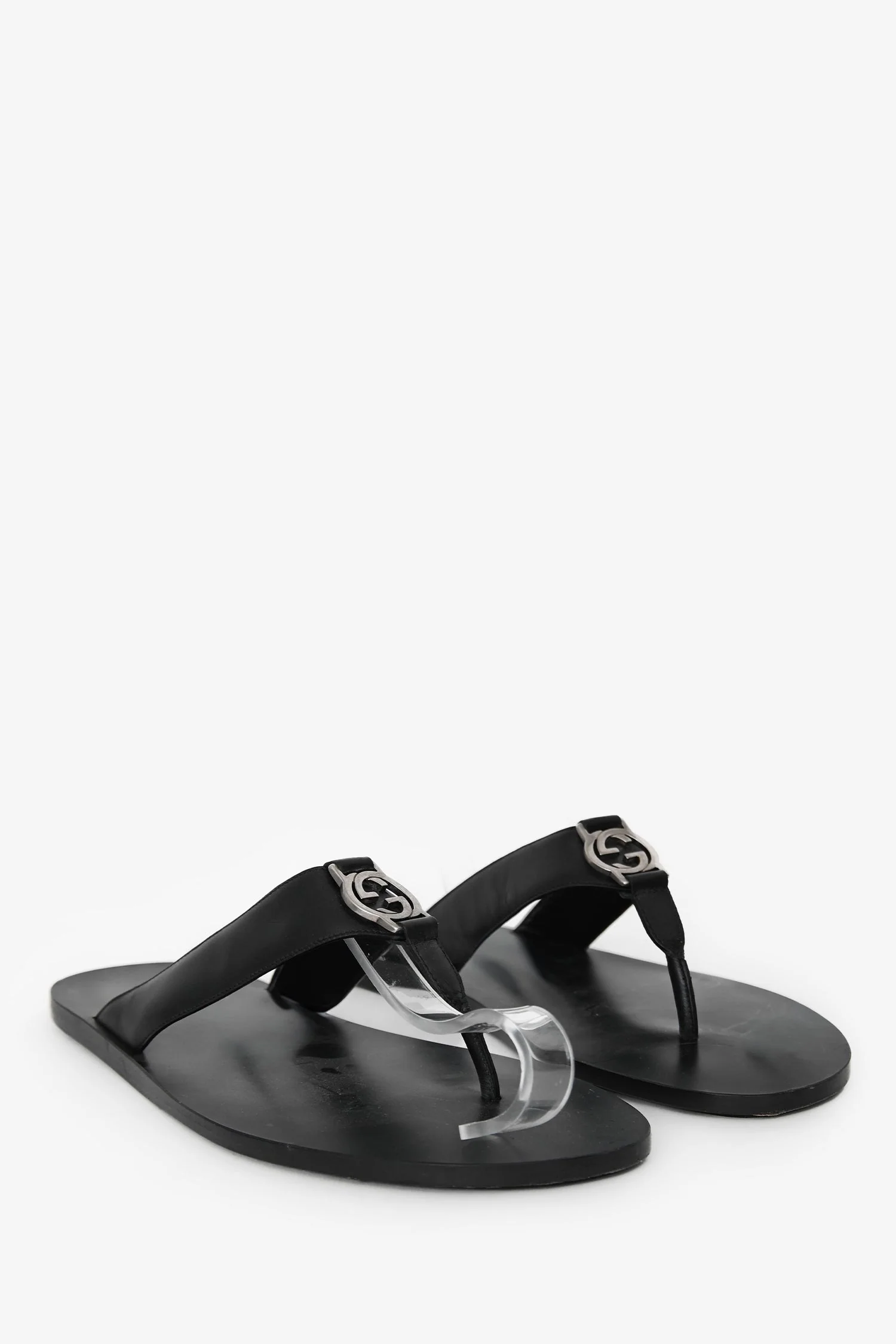 Gucci Black Leather Silver GG Thong Sandals Size 10 Mens - Image 2