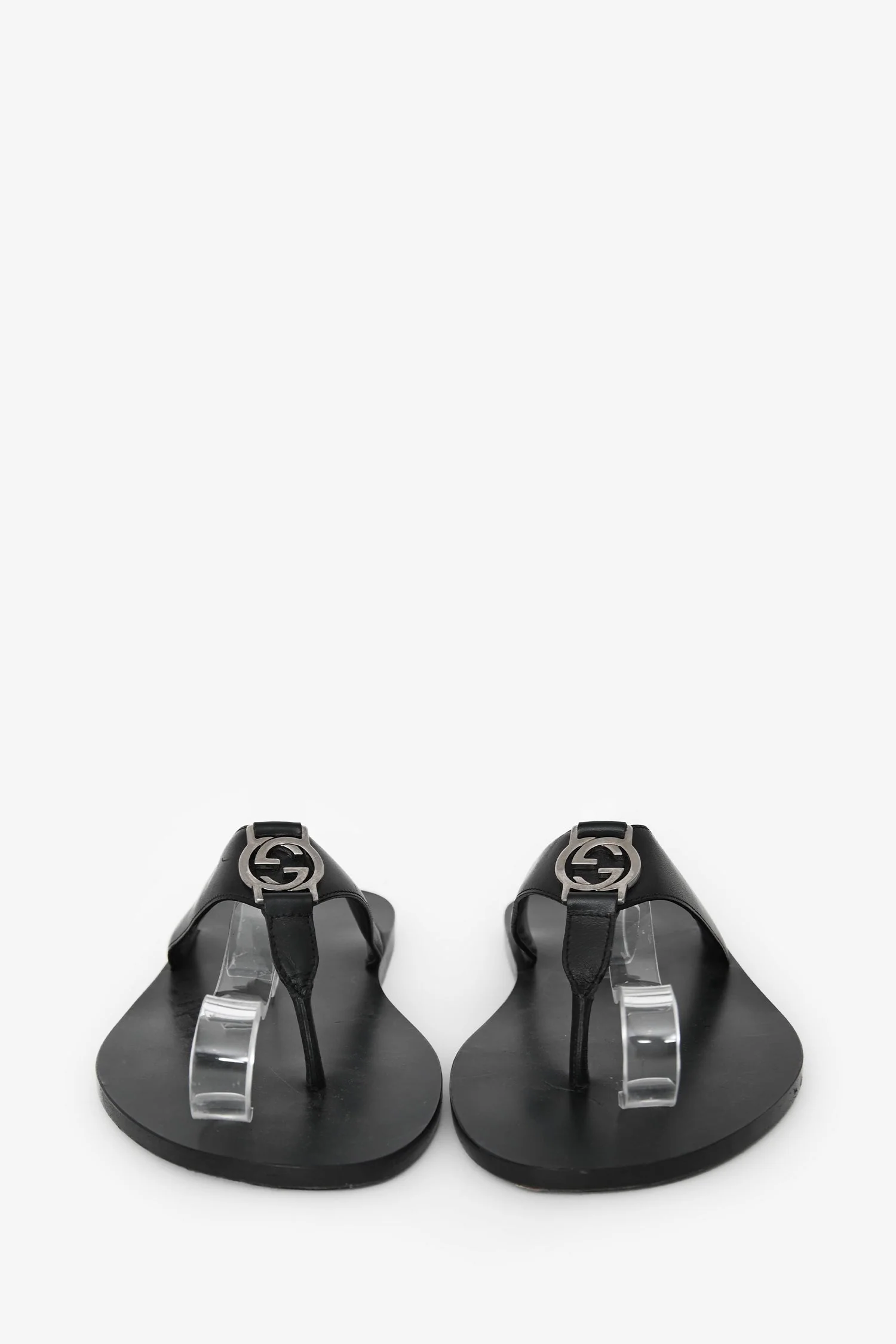 Gucci Black Leather Silver GG Thong Sandals Size 10 Mens - Image 3