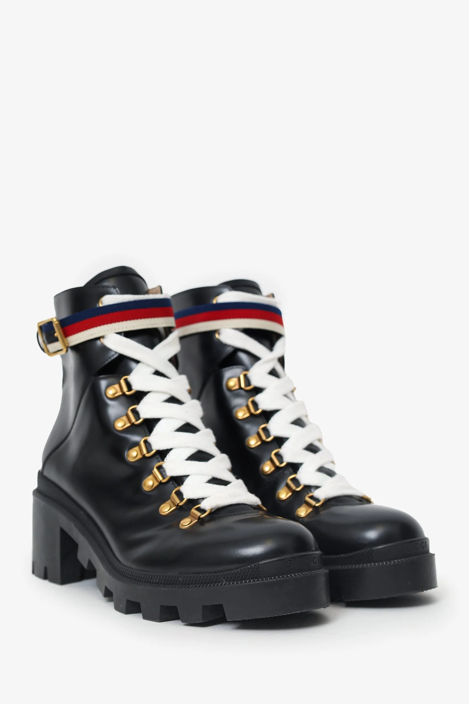 Gucci Black Leather Sylvie Web Combat Boots Size 40 - Image 2