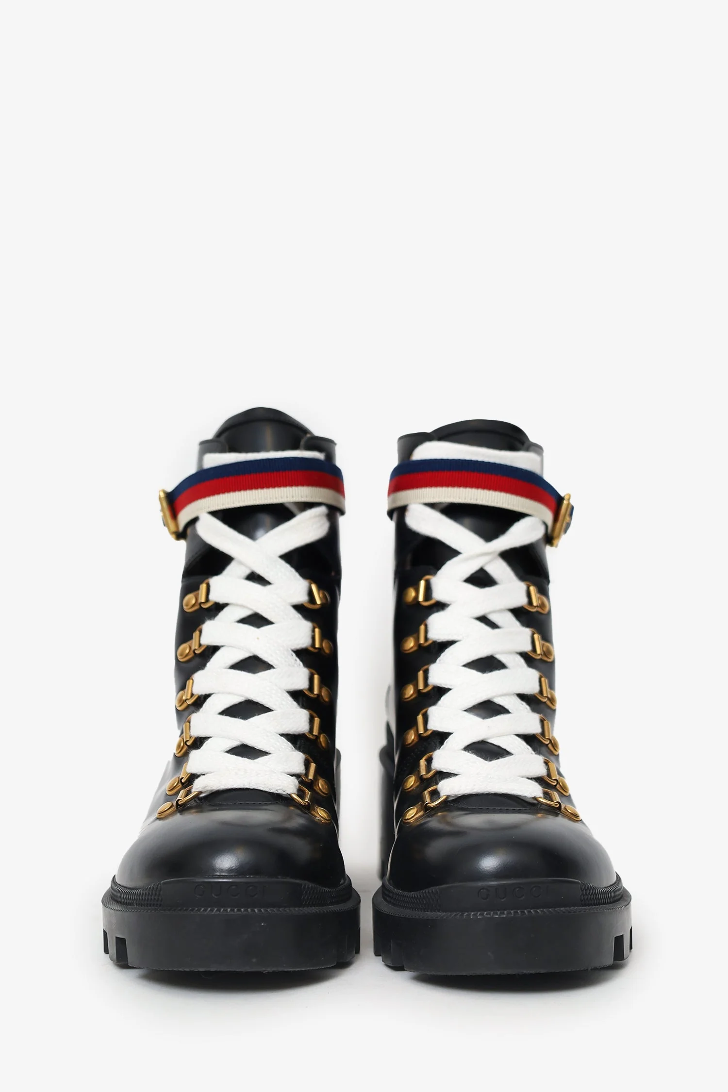 Gucci Black Leather Sylvie Web Combat Boots Size 40 - Image 3