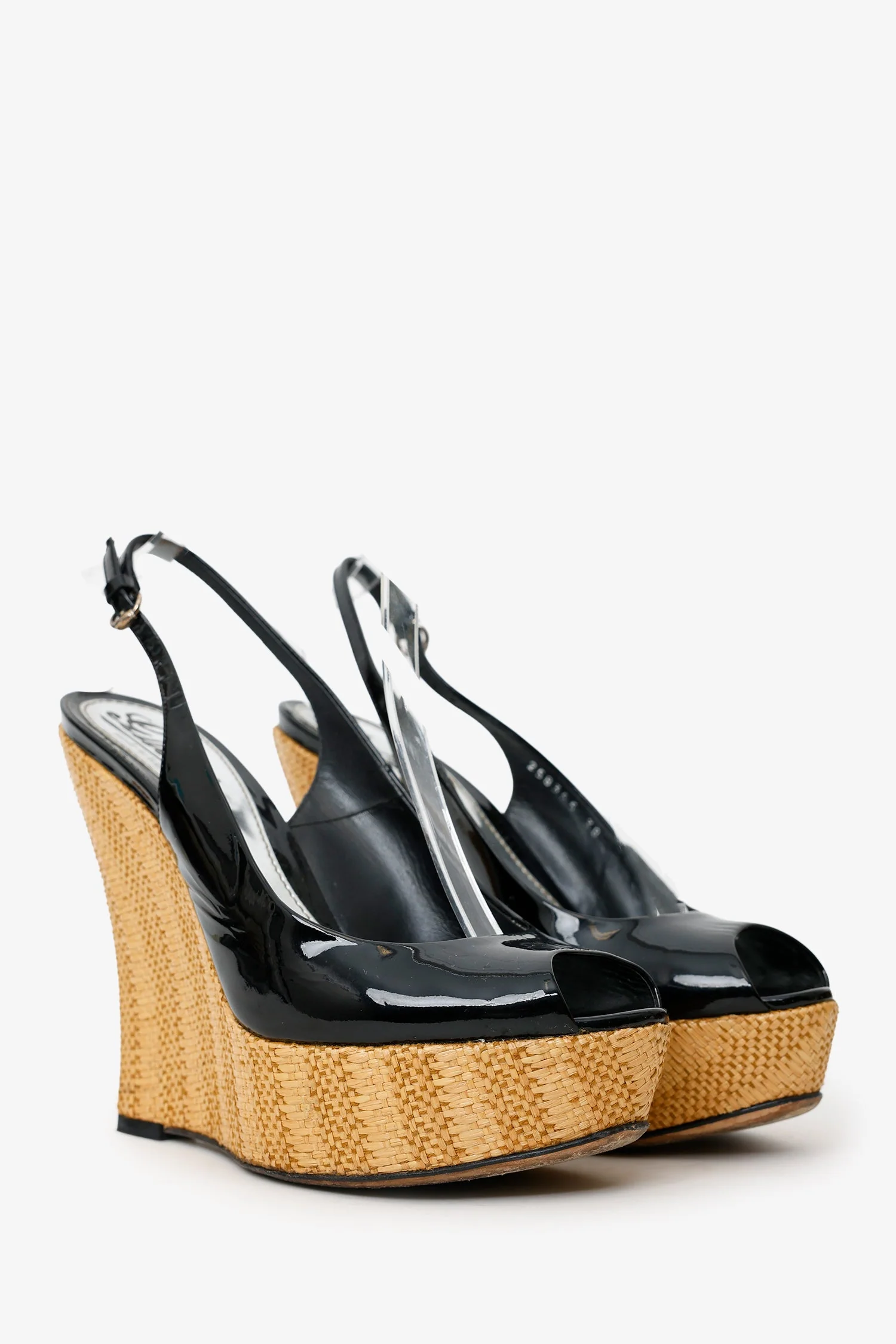 Gucci Black Patent Open Toe Wedges Size 38 - Image 2