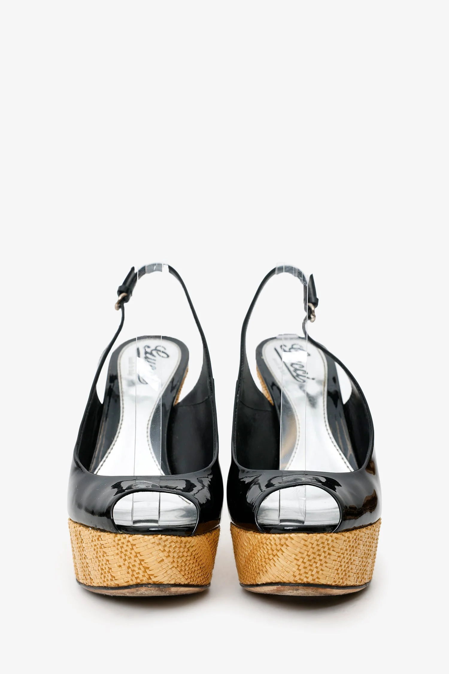 Gucci Black Patent Open Toe Wedges Size 38 - Image 3