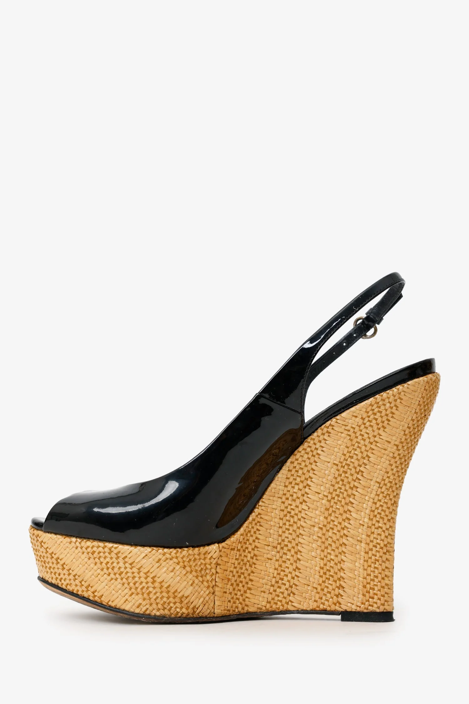 Gucci Black Patent Open Toe Wedges Size 38 - Image 5