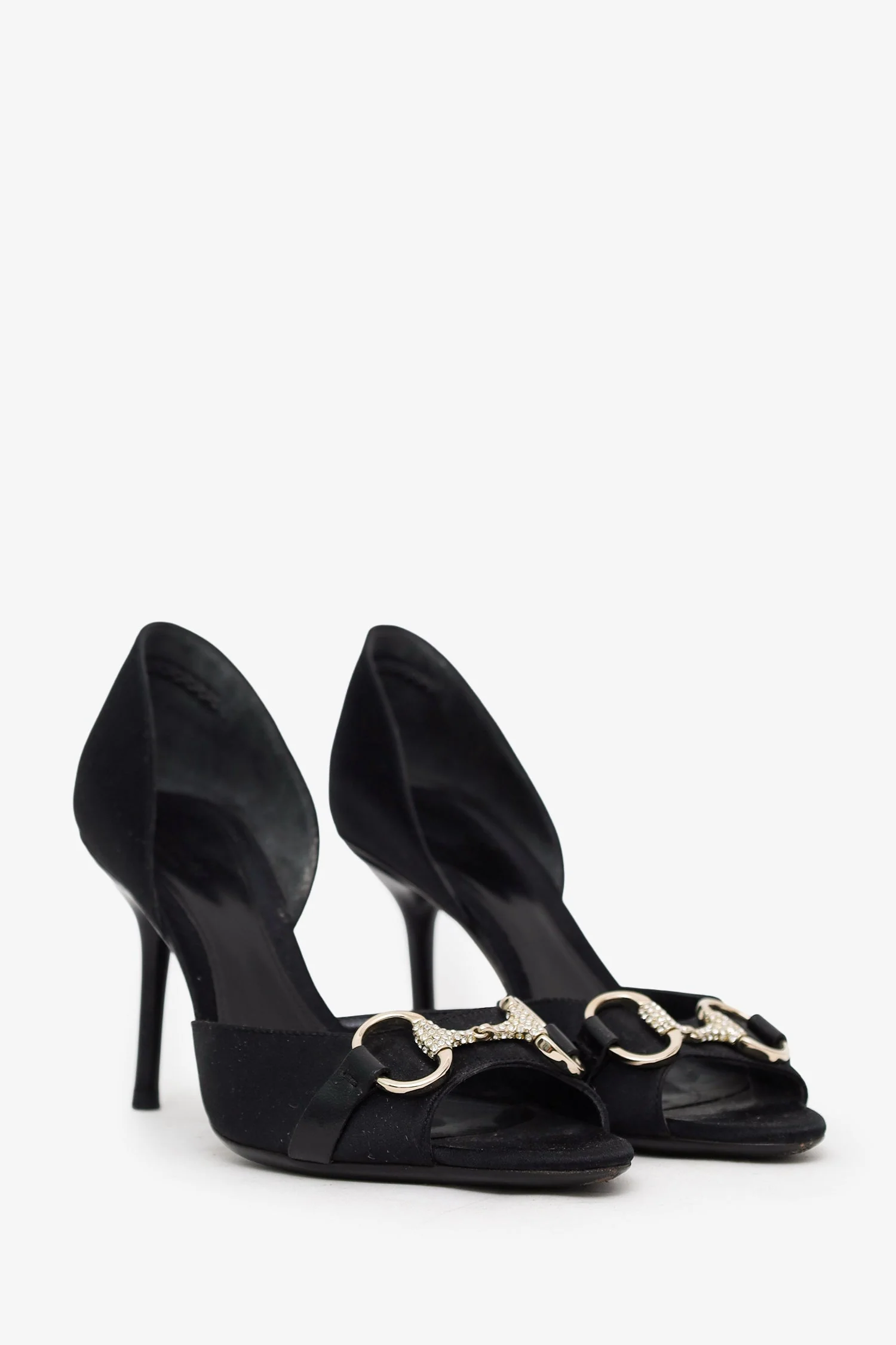 Gucci Black Satin Crystal Horsebit D’Orsay Pumps Heels Size 8 - Image 2