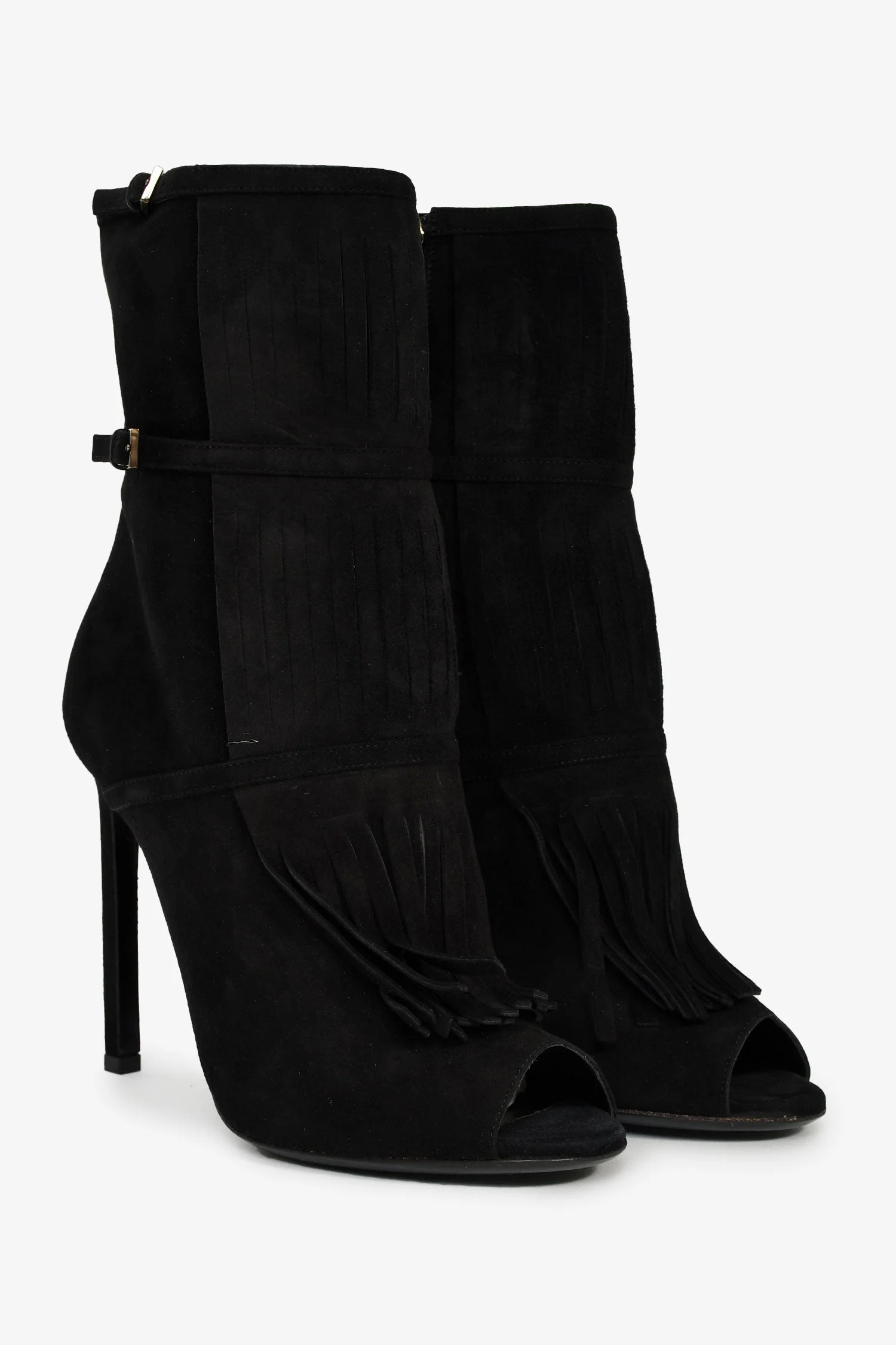 Gucci Black Suede Fringe Detail Heeled Ankle Boots Size 38 - Image 2
