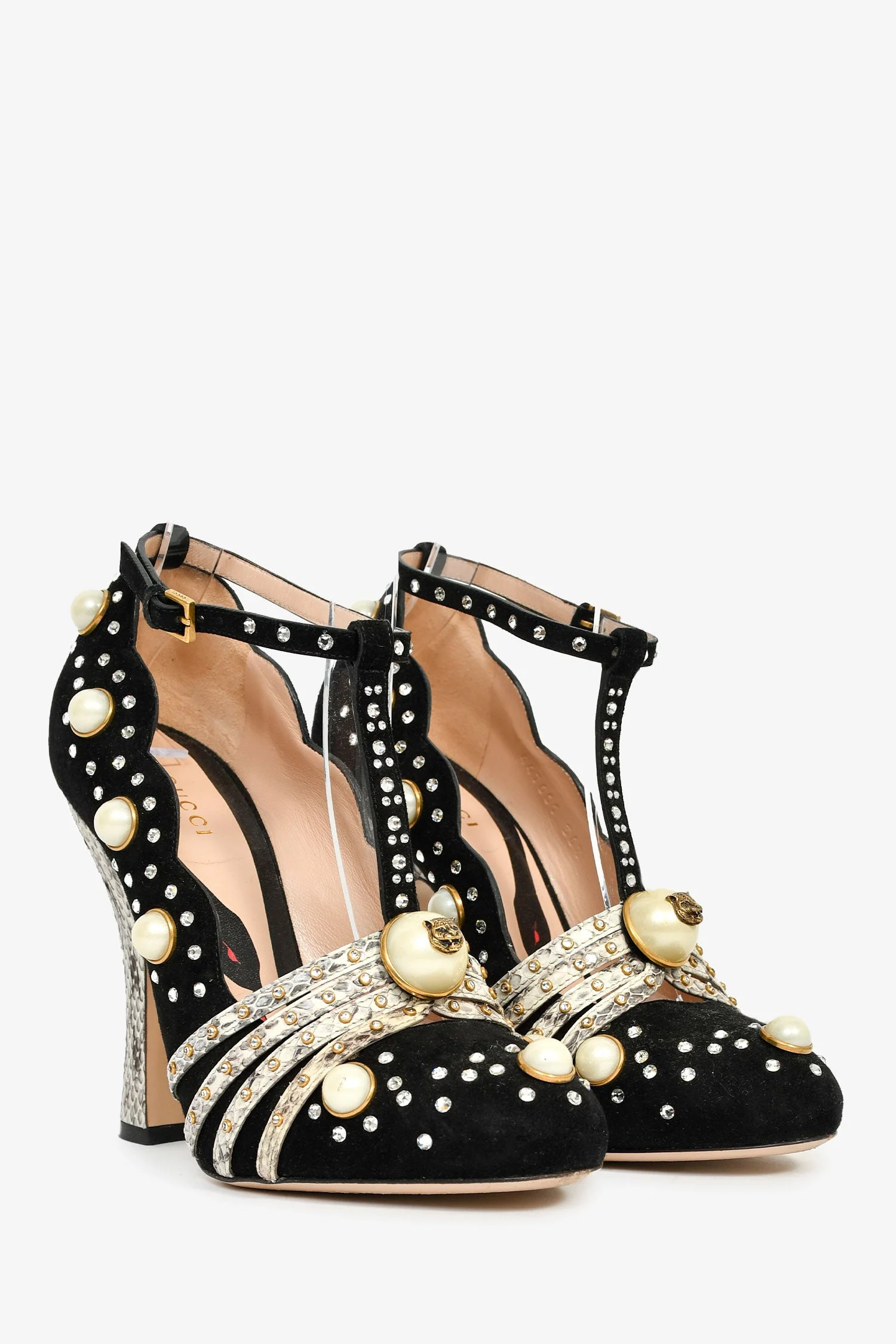 Gucci Black Suede Pearl/Crystal Embellished T-Strap Heels Size 36.5 - Image 2
