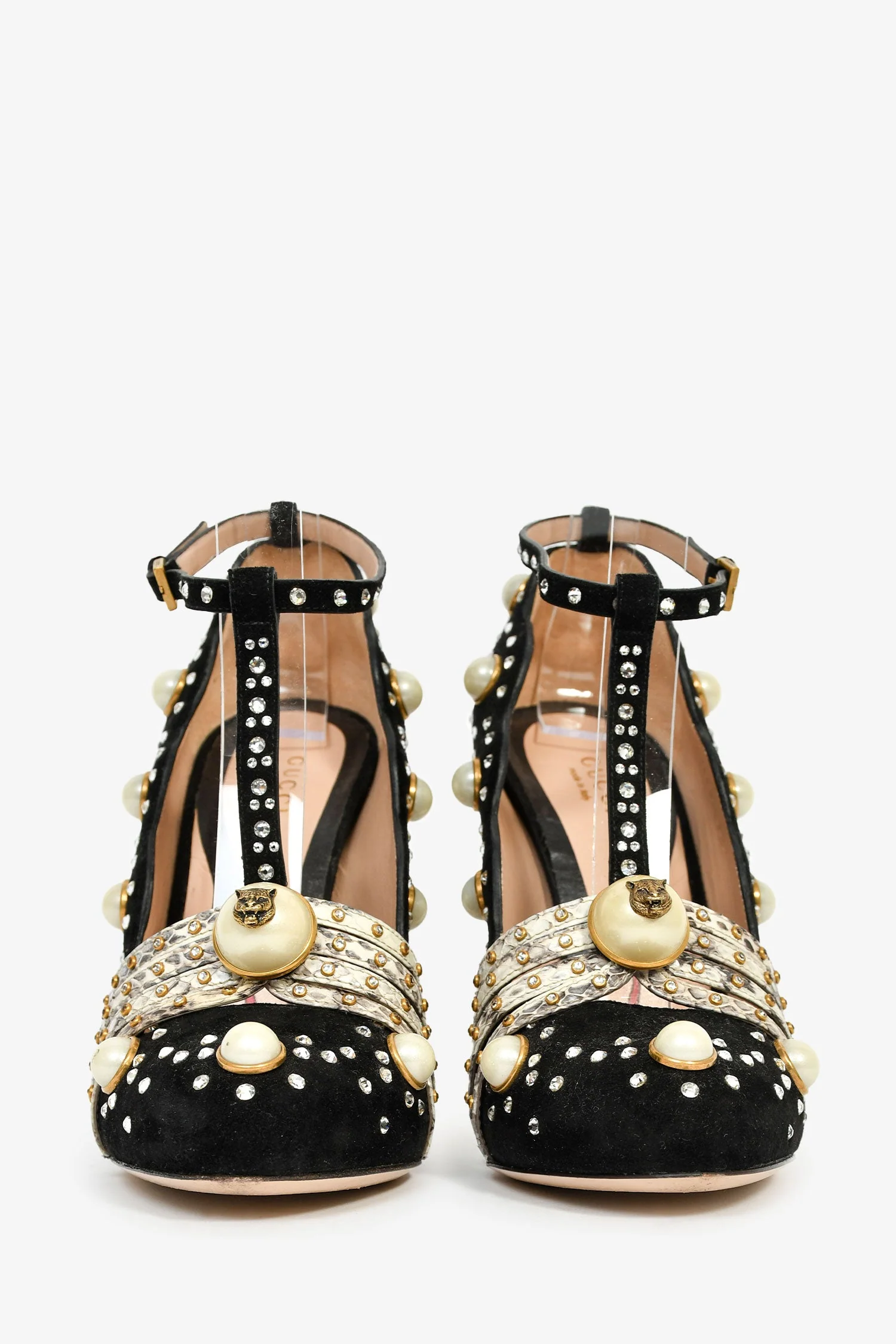 Gucci Black Suede Pearl/Crystal Embellished T-Strap Heels Size 36.5 - Image 3