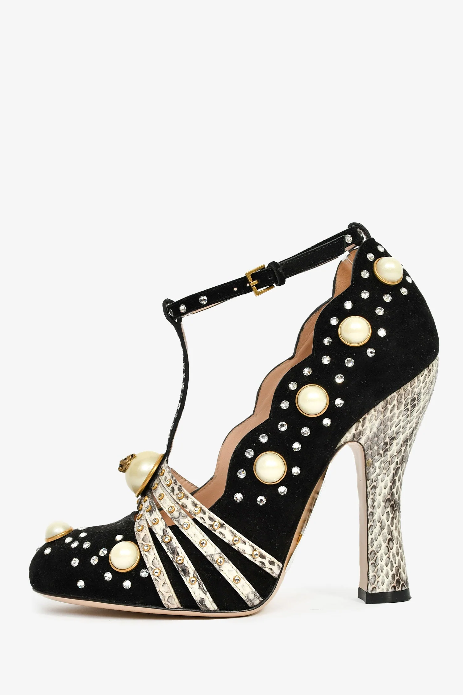 Gucci Black Suede Pearl/Crystal Embellished T-Strap Heels Size 36.5 - Image 4