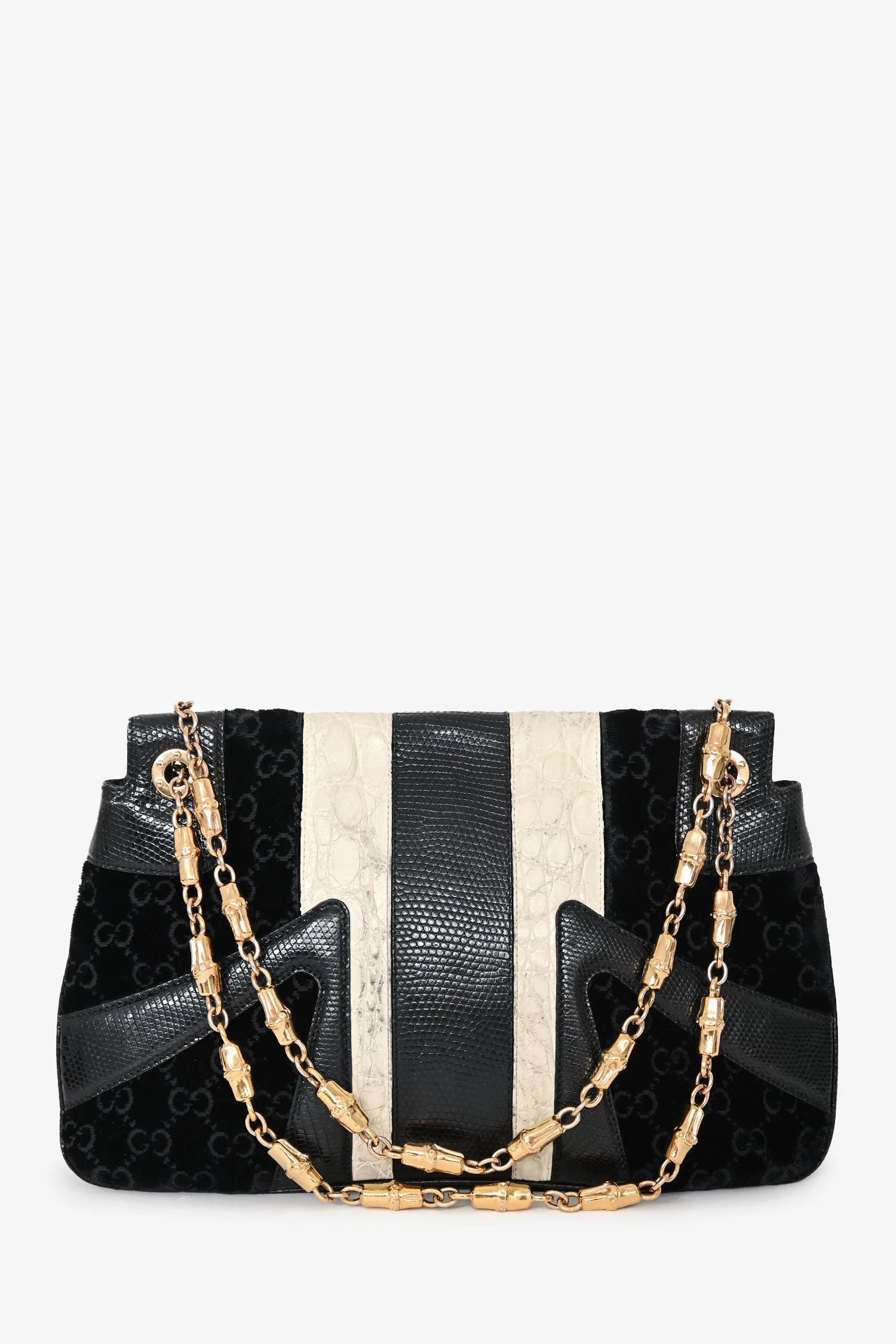 Gucci Black/White Lizard/Velvet Leather Dragon Head Shoulder Bag - Image 2