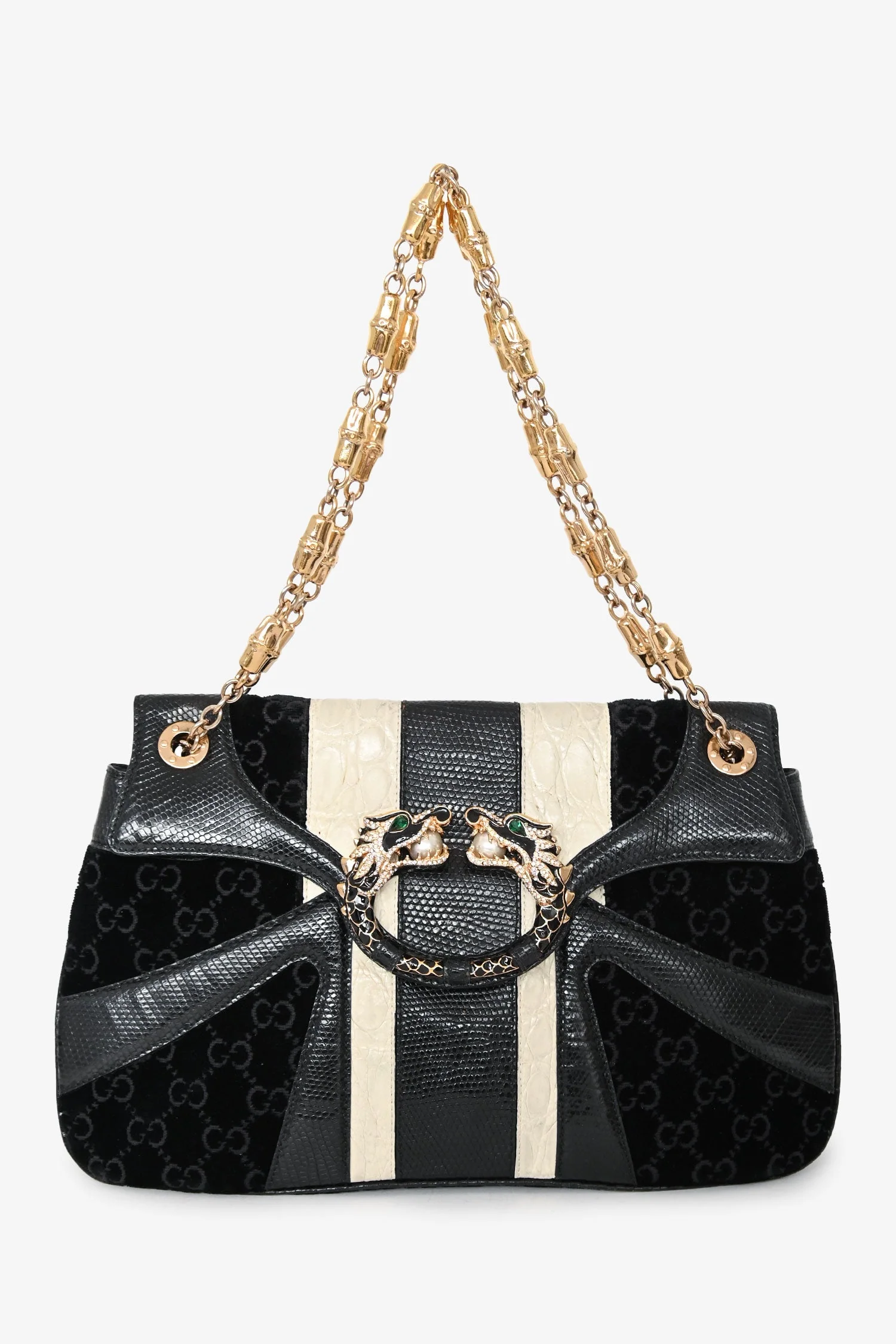 Gucci Black/White Lizard/Velvet Leather Dragon Head Shoulder Bag - Image 7