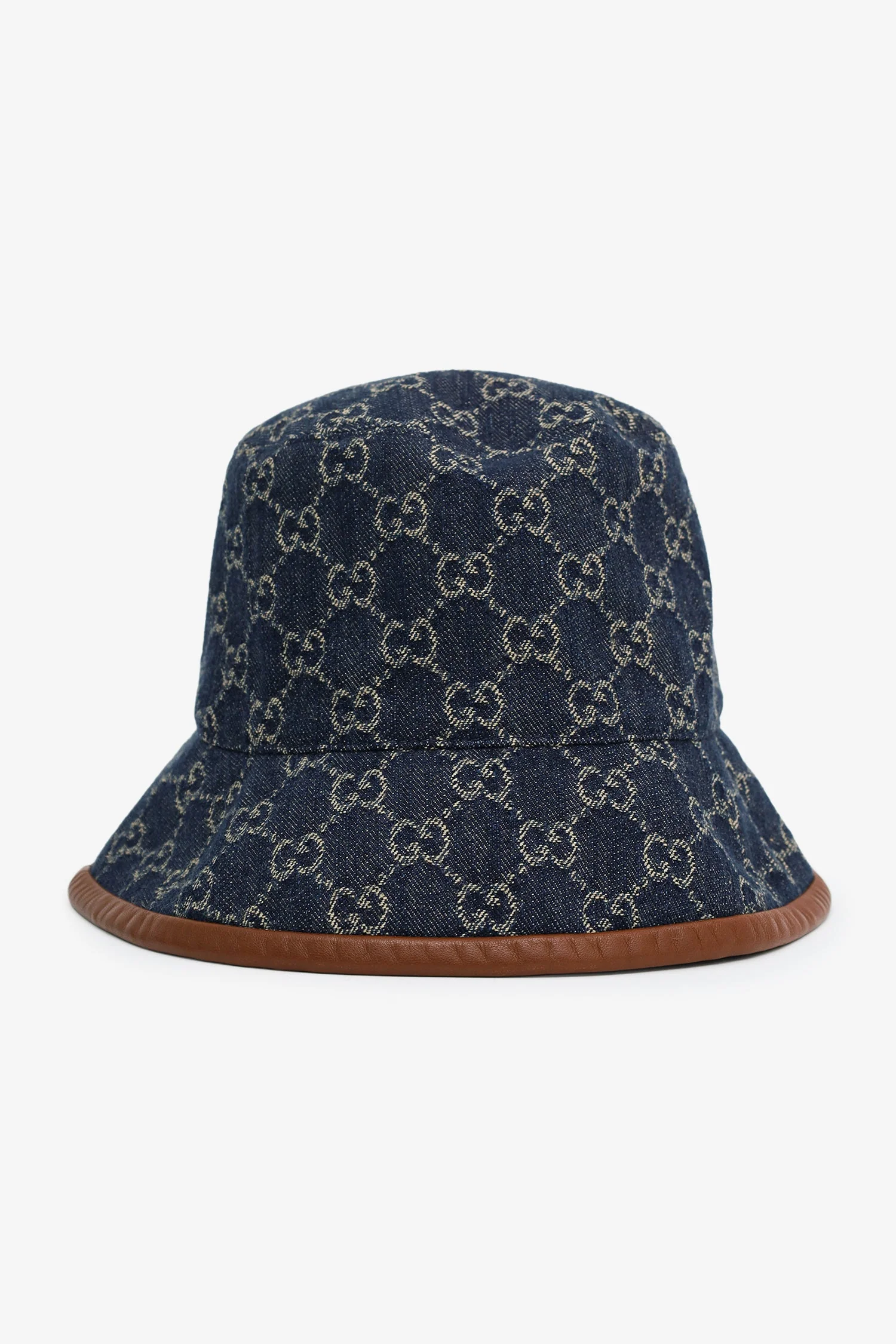 Gucci Blue/Brown Denim/Leather Trim Monogram Bucket Hat