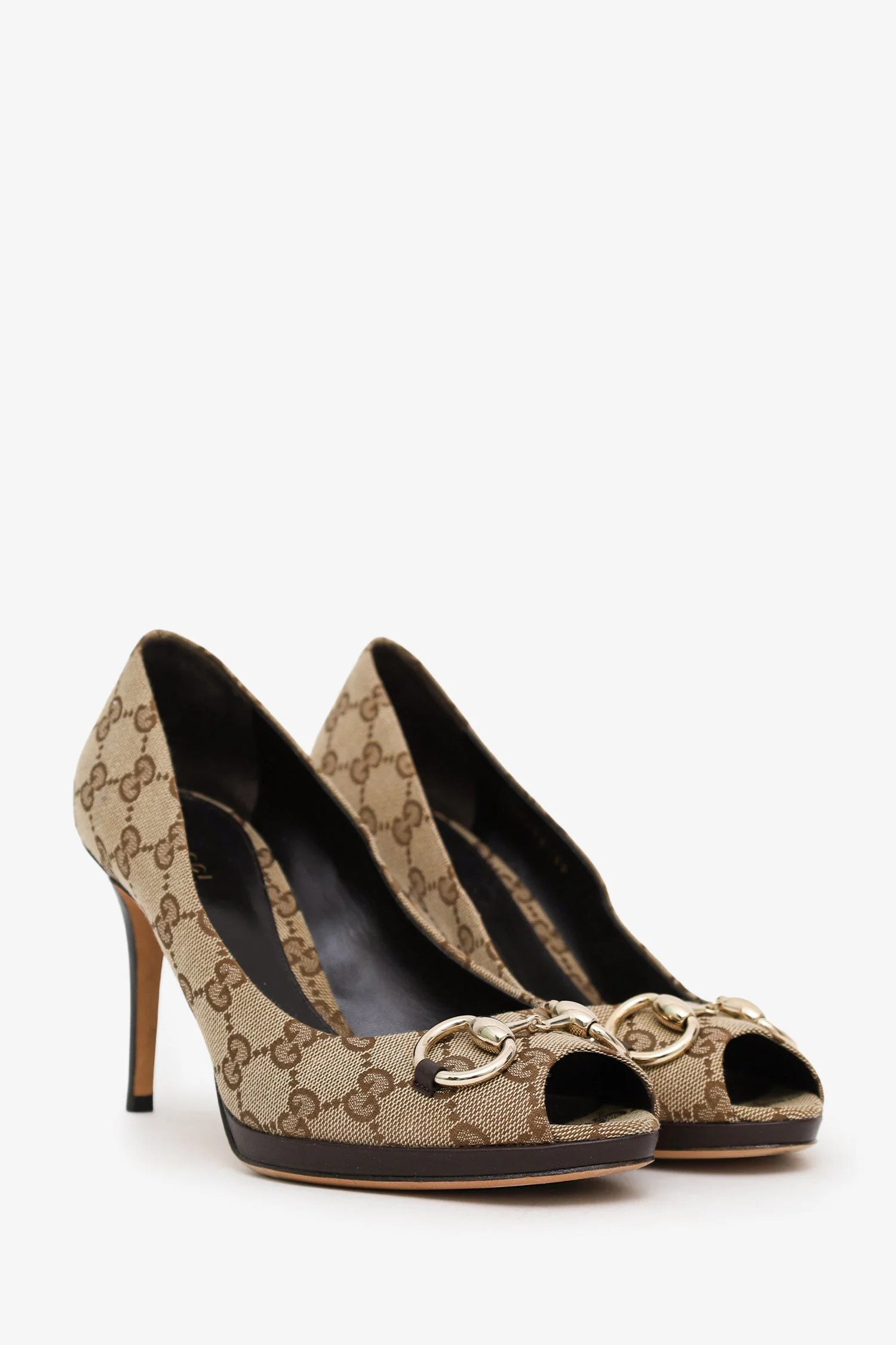 Gucci Brown Guccissima Canvas Horsebit Peep Toe Platform Pumps Size 39 - Image 2