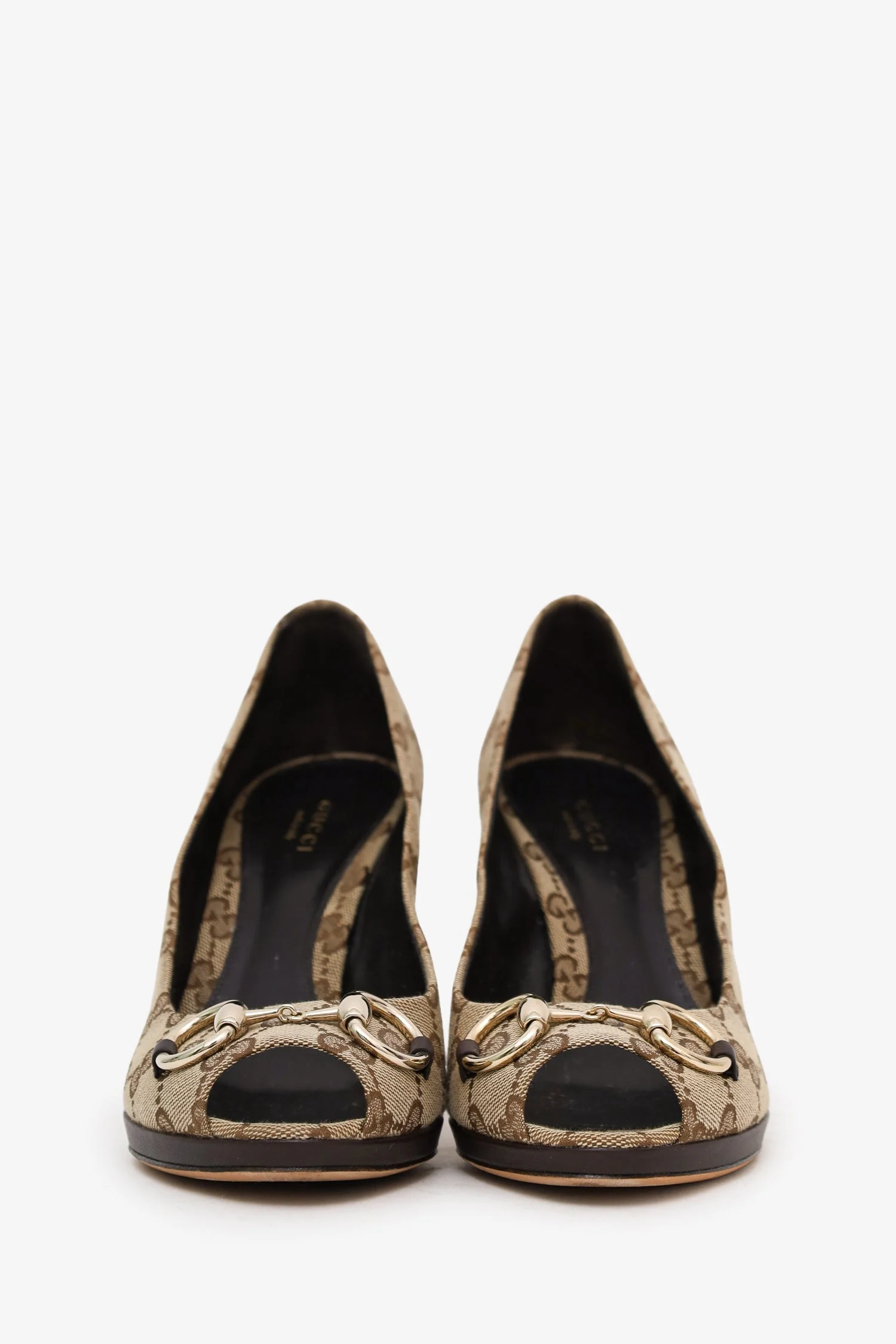 Gucci Brown Guccissima Canvas Horsebit Peep Toe Platform Pumps Size 39 - Image 3