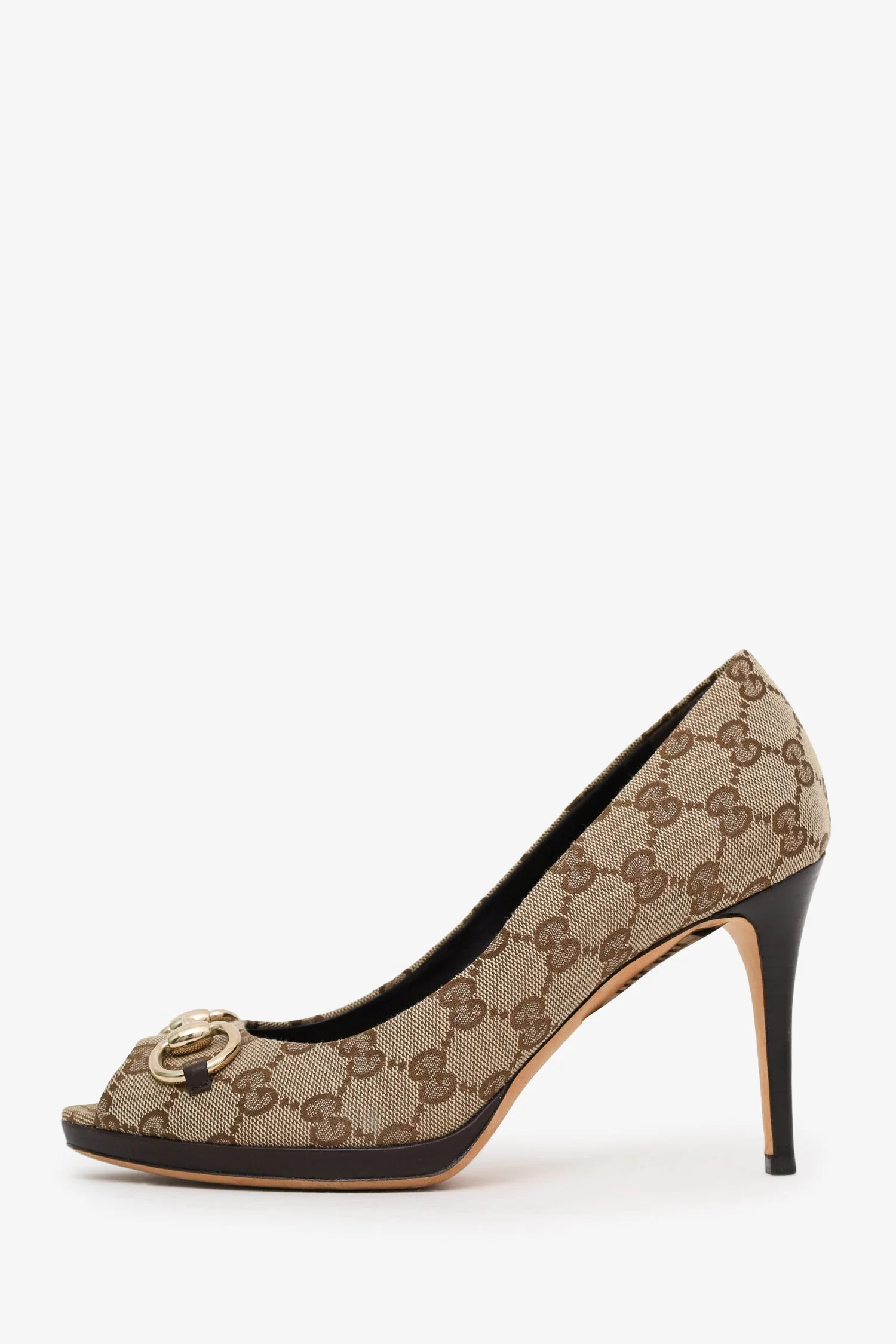 Gucci Brown Guccissima Canvas Horsebit Peep Toe Platform Pumps Size 39 - Image 4