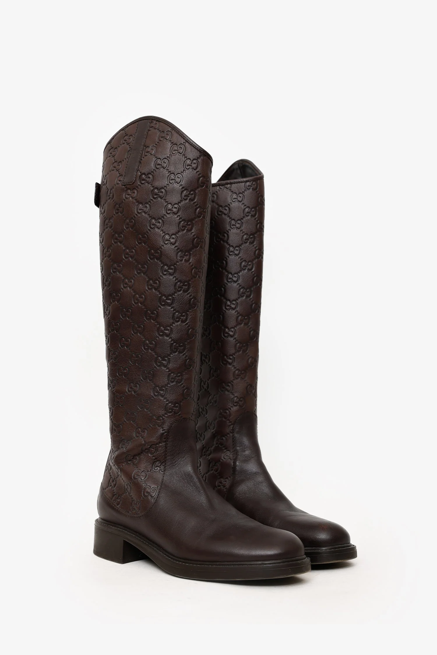 Gucci Brown Leather GG Monogram Riding Boots Size 37.5 - Image 2
