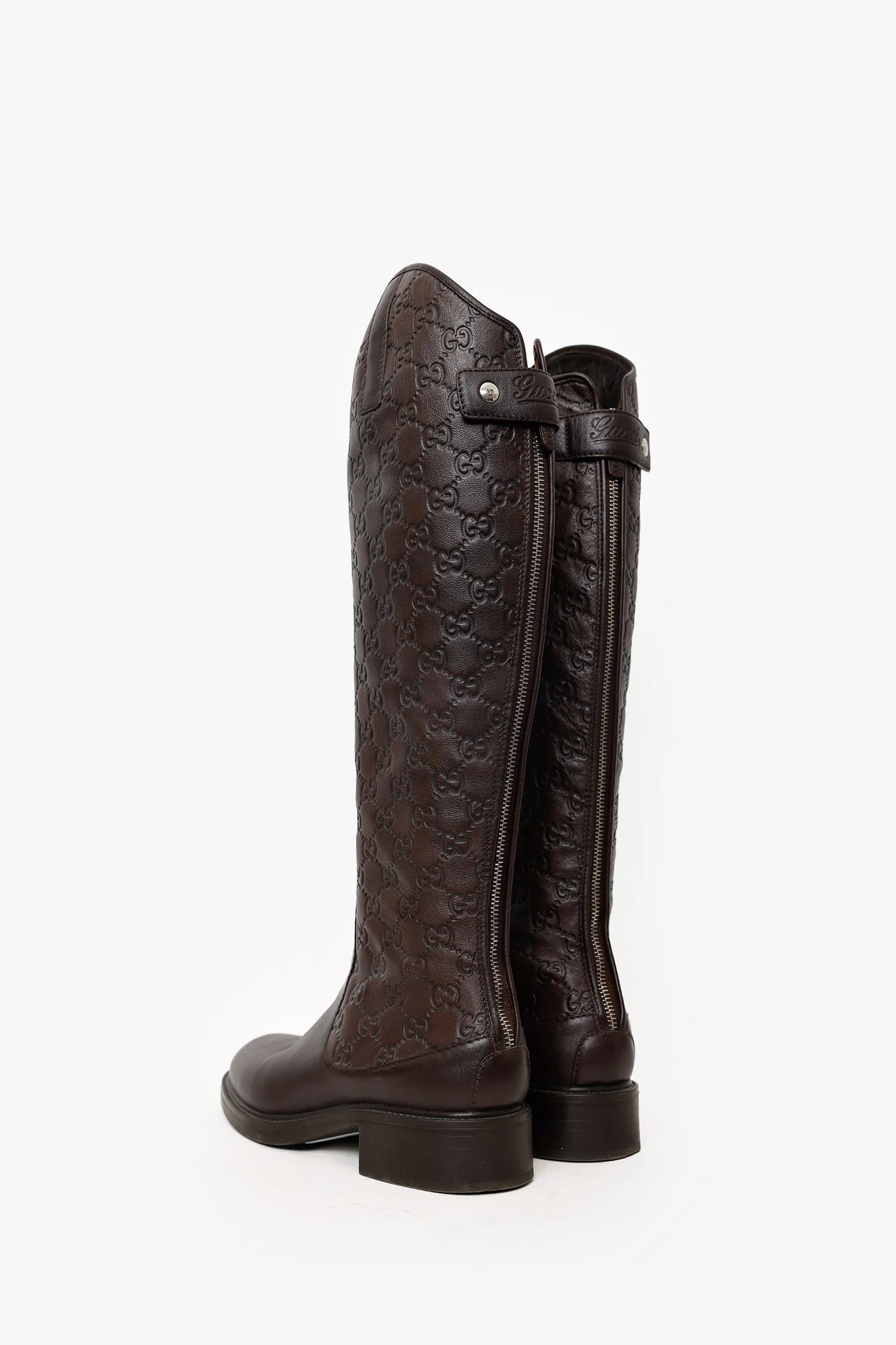 Gucci Brown Leather GG Monogram Riding Boots Size 37.5 - Image 4
