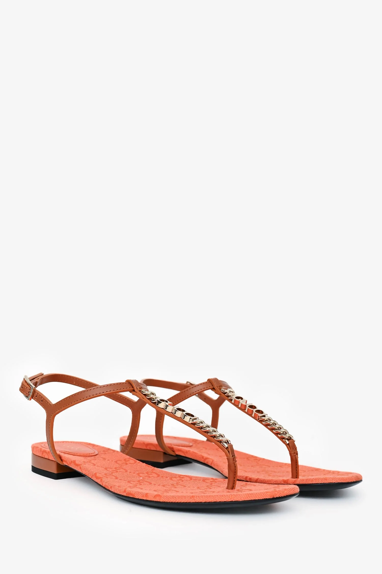 Gucci Brown/Orange Leather Chain Detailed Sandals Size 39.5 - Image 2