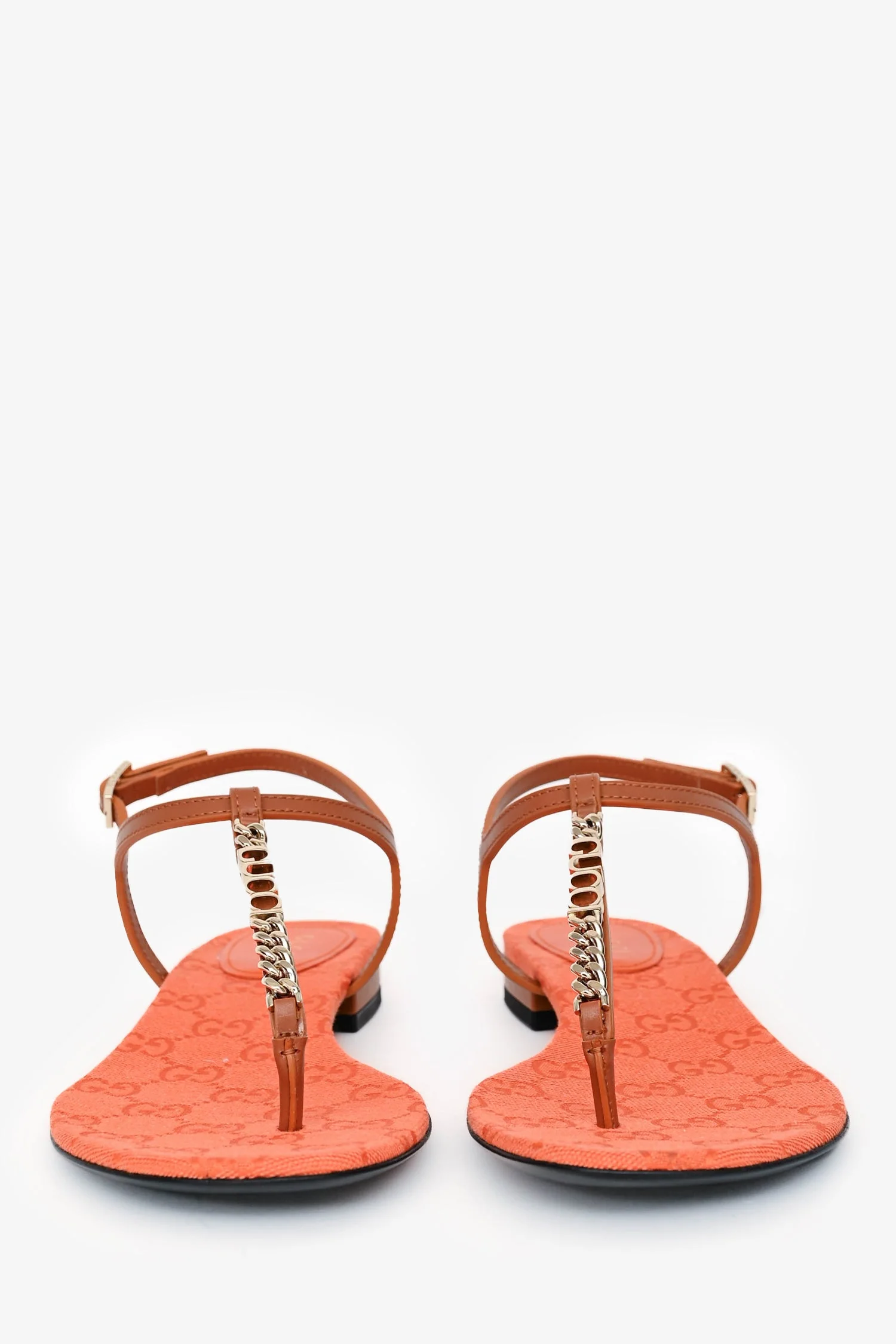 Gucci Brown/Orange Leather Chain Detailed Sandals Size 39.5 - Image 3