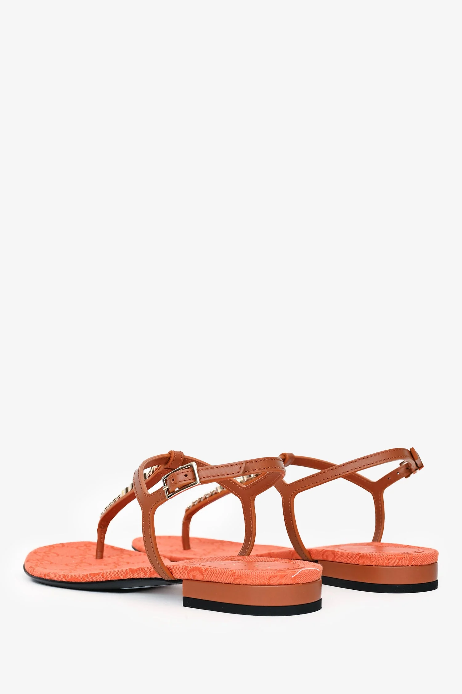 Gucci Brown/Orange Leather Chain Detailed Sandals Size 39.5 - Image 4