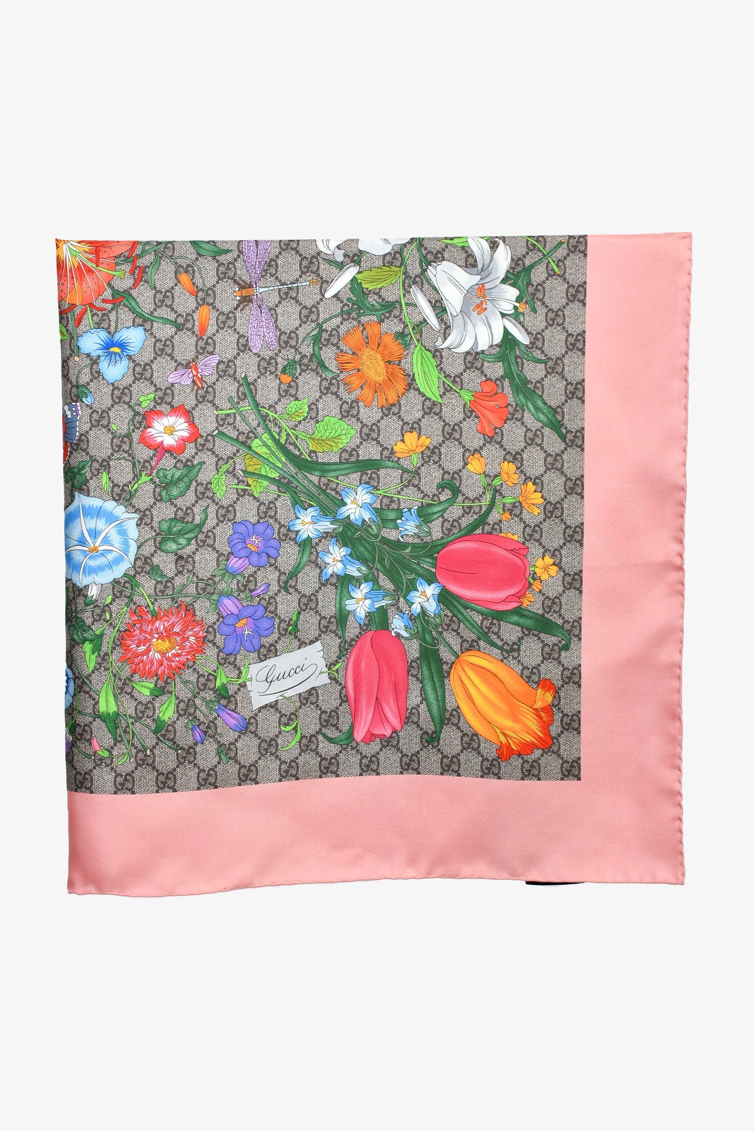 Gucci Brown/Pink Multicolour Floral Silk Scarf 90 - Image 2