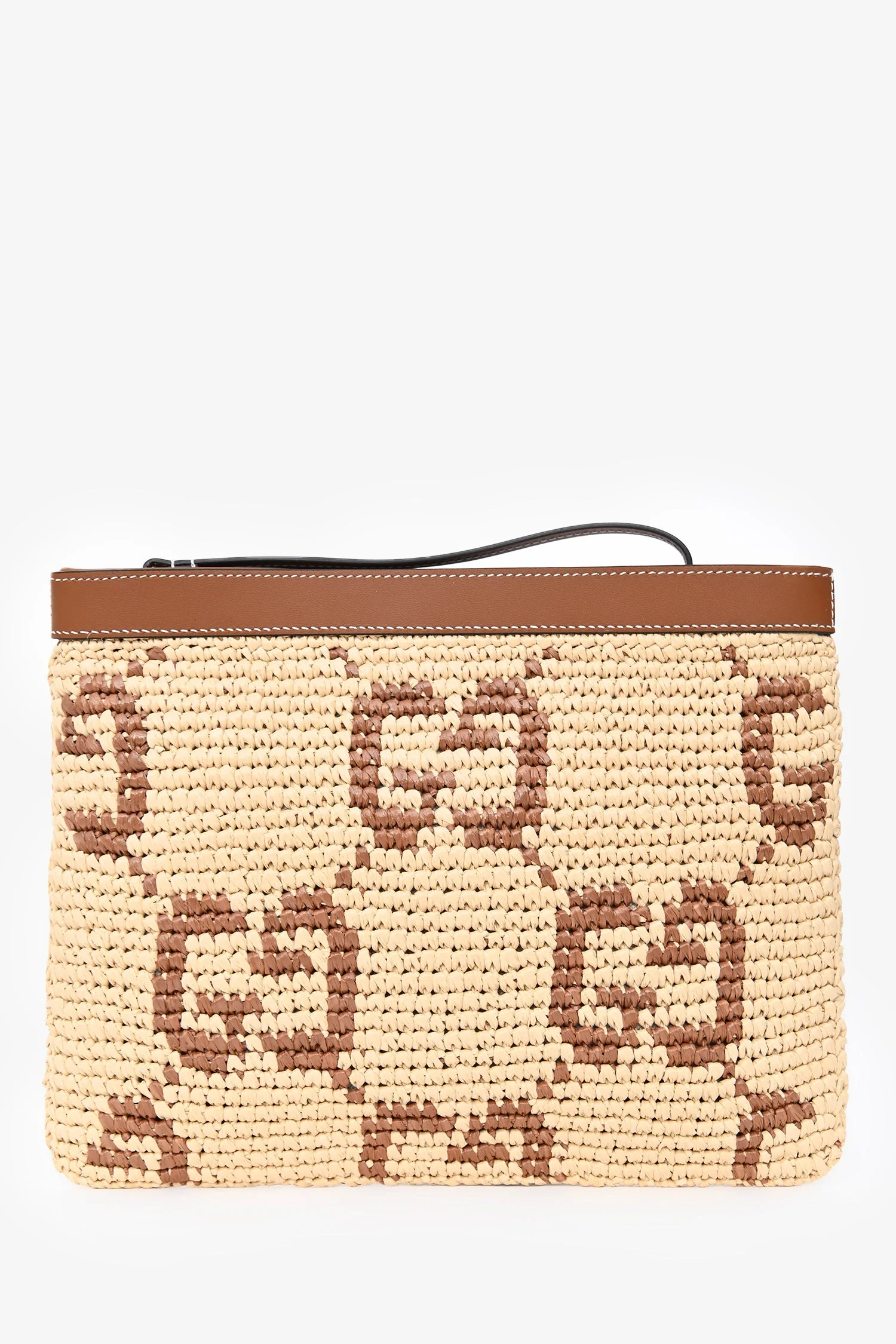 Gucci Brown Raffia Monogram Leather Trim Large Zip Wristlet - Image 2