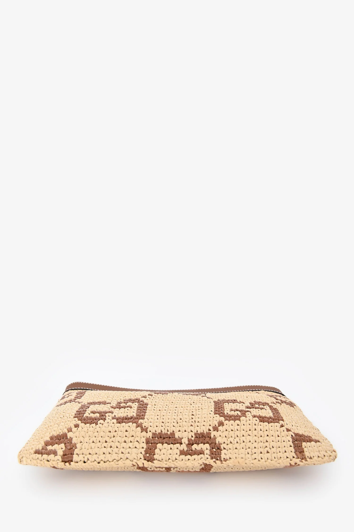 Gucci Brown Raffia Monogram Leather Trim Large Zip Wristlet - Image 5