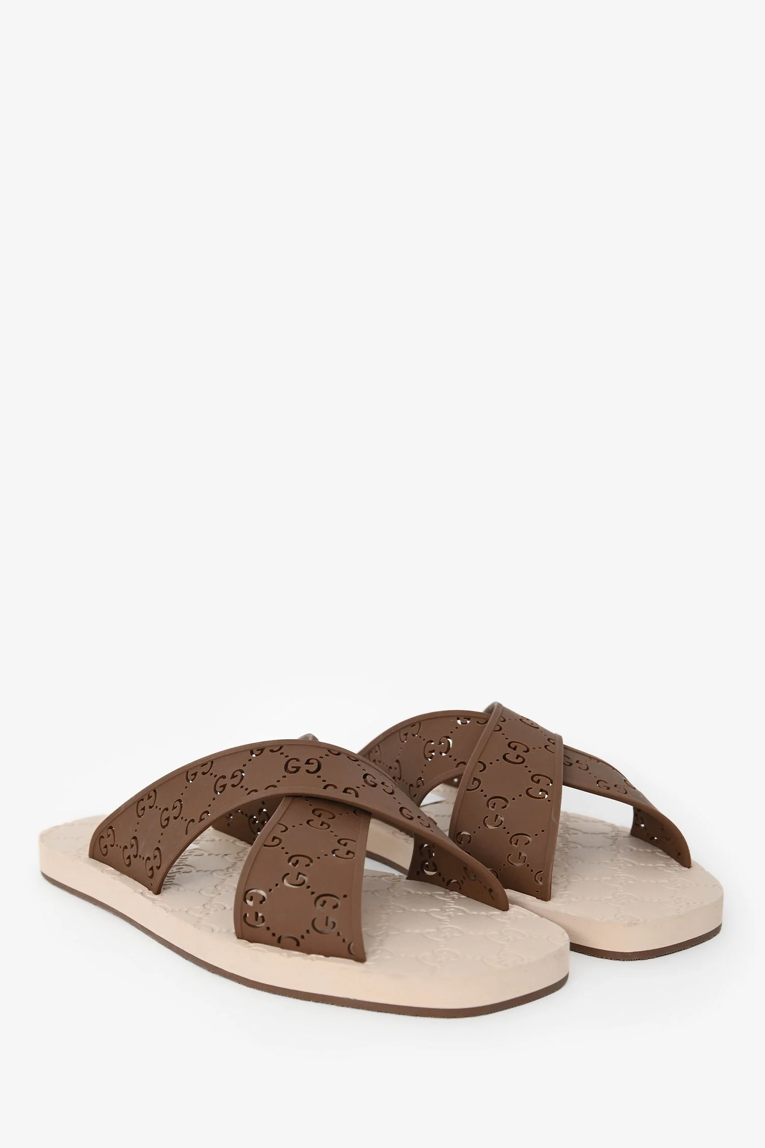 Gucci Brown/Tan GG Rubber Criss Cross Slides Size 11 Mens - Image 2