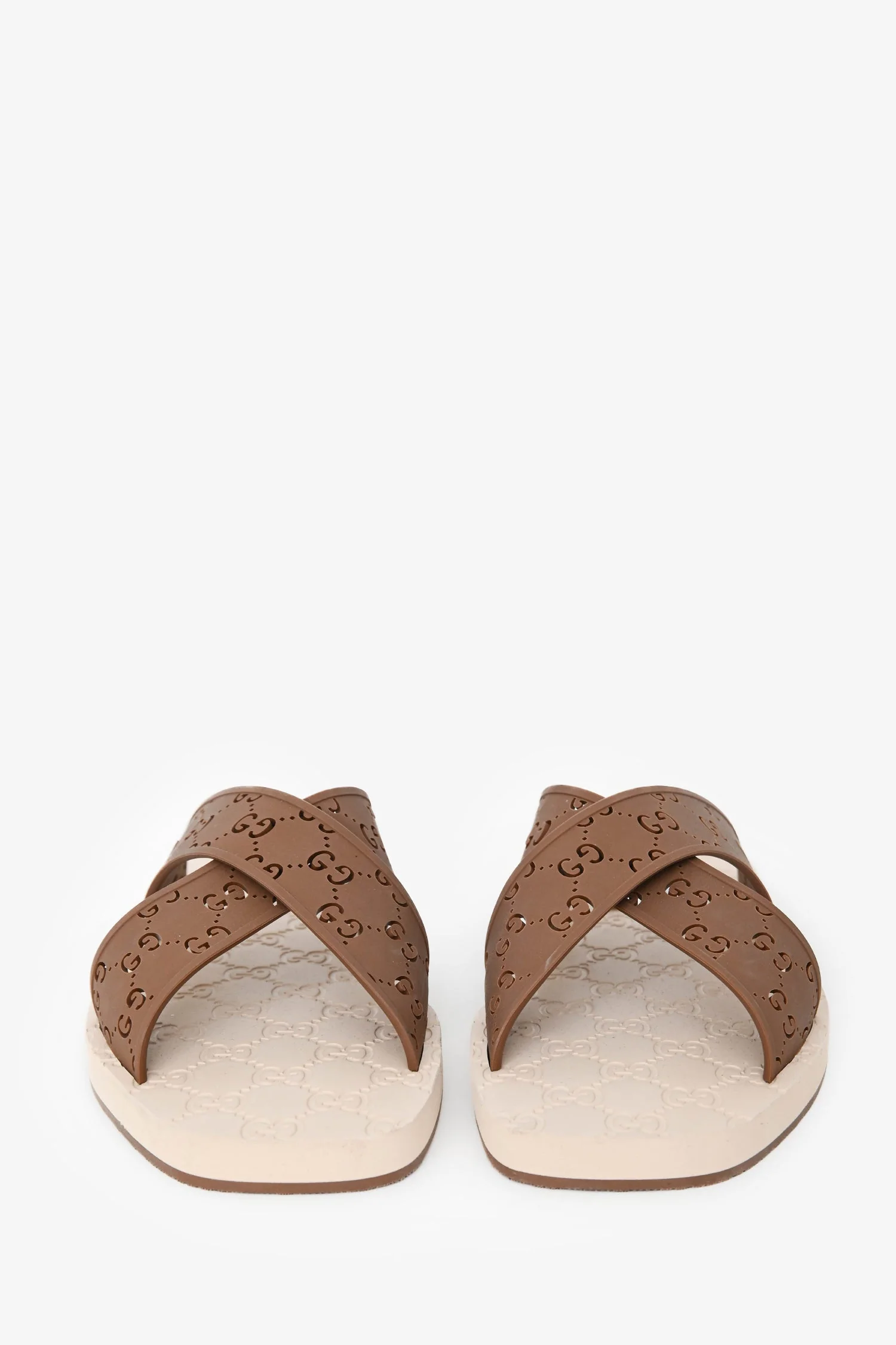 Gucci Brown/Tan GG Rubber Criss Cross Slides Size 11 Mens - Image 3
