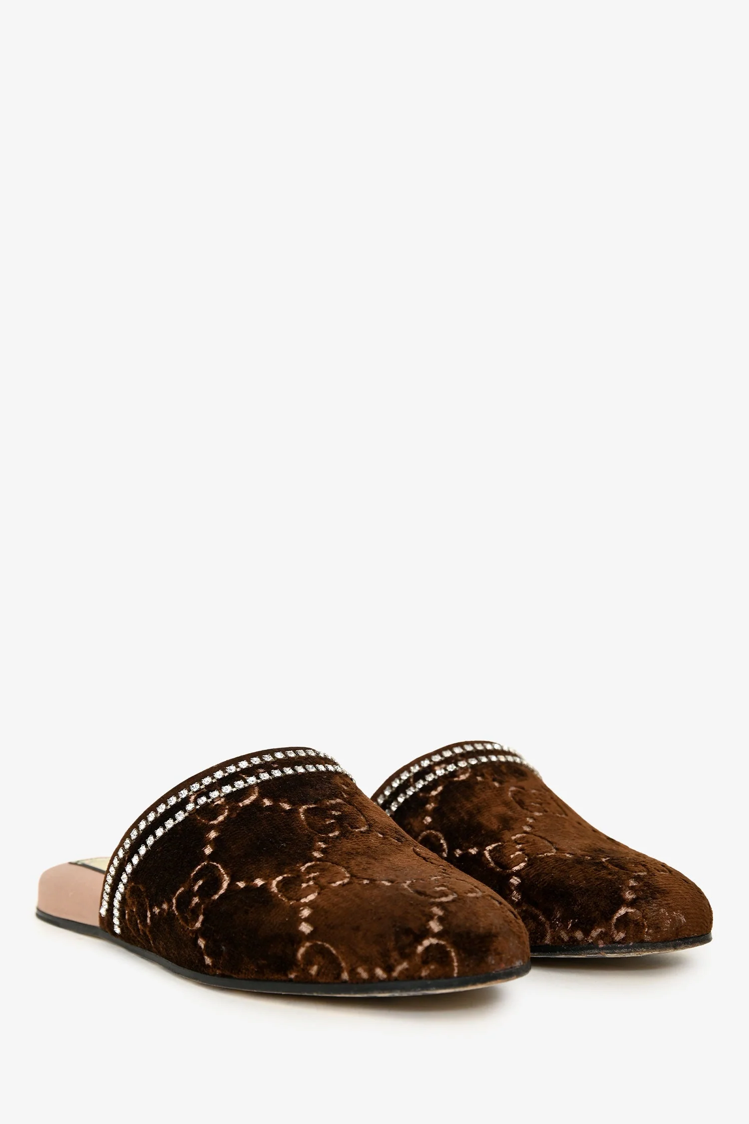 Gucci Brown Velvet GG Supreme Crystal Embellished Mules Size 37 - Image 2