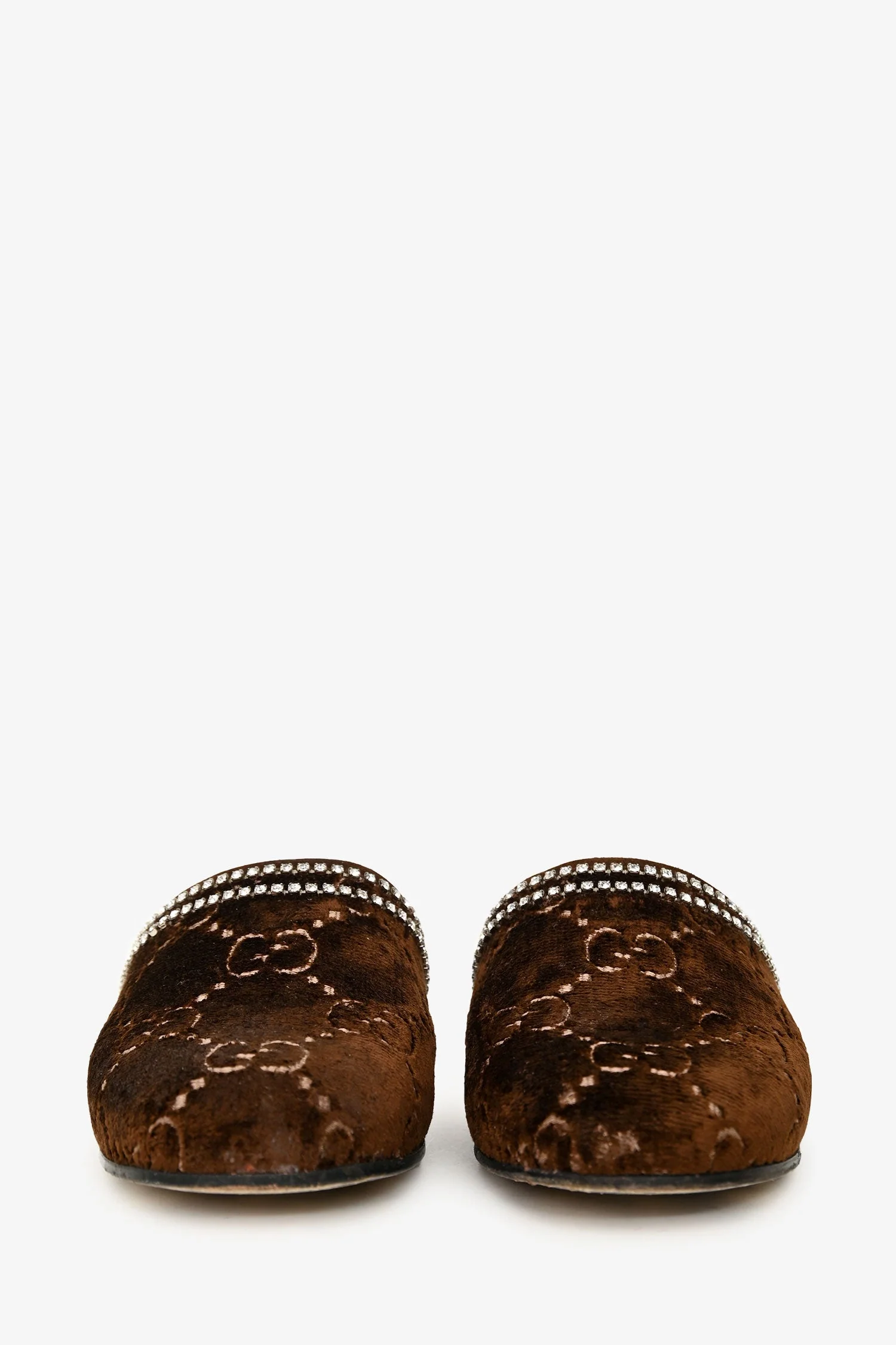 Gucci Brown Velvet GG Supreme Crystal Embellished Mules Size 37 - Image 3