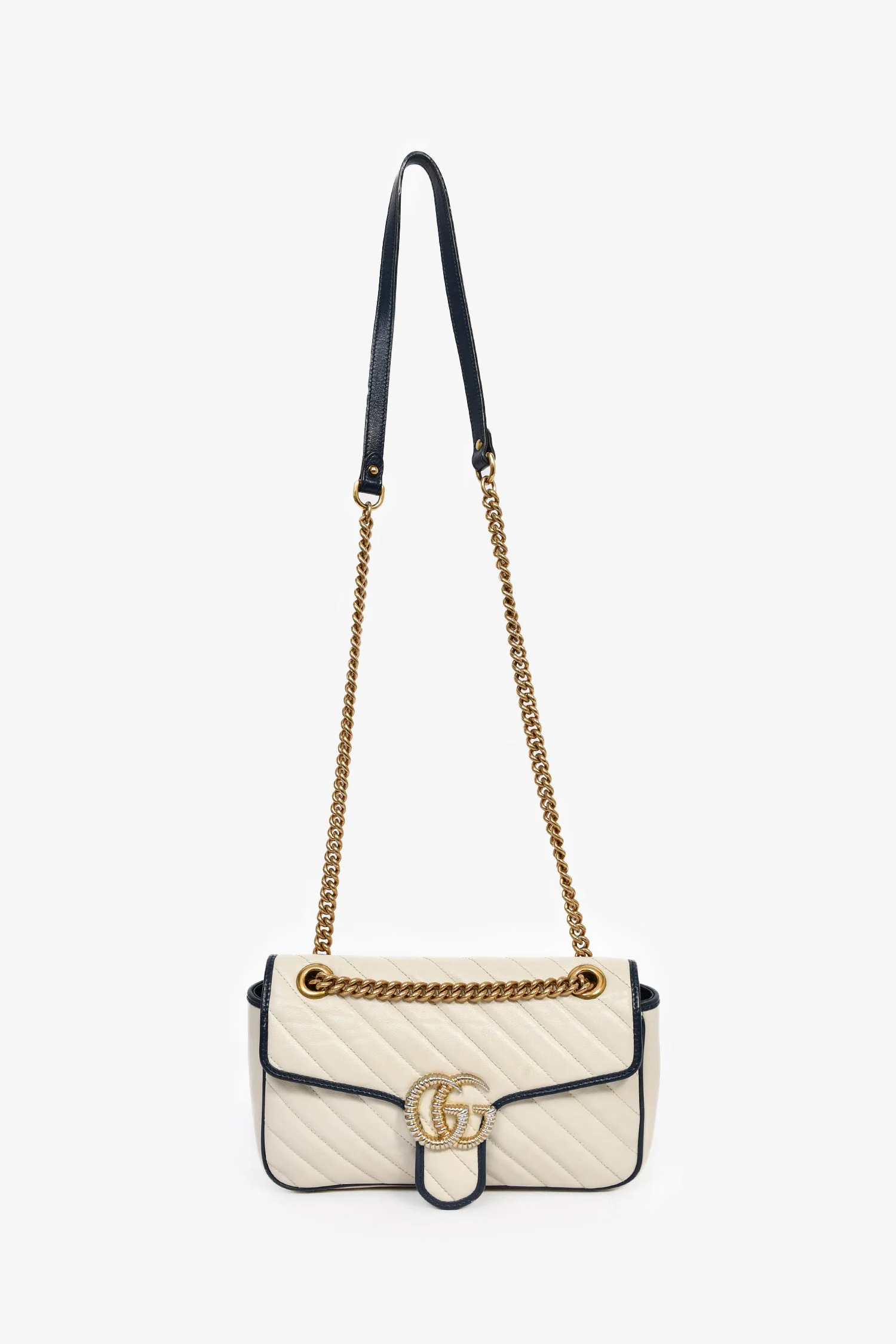 Gucci Cream/Navy Leather Marmont Small Shoulder Bag - Image 7