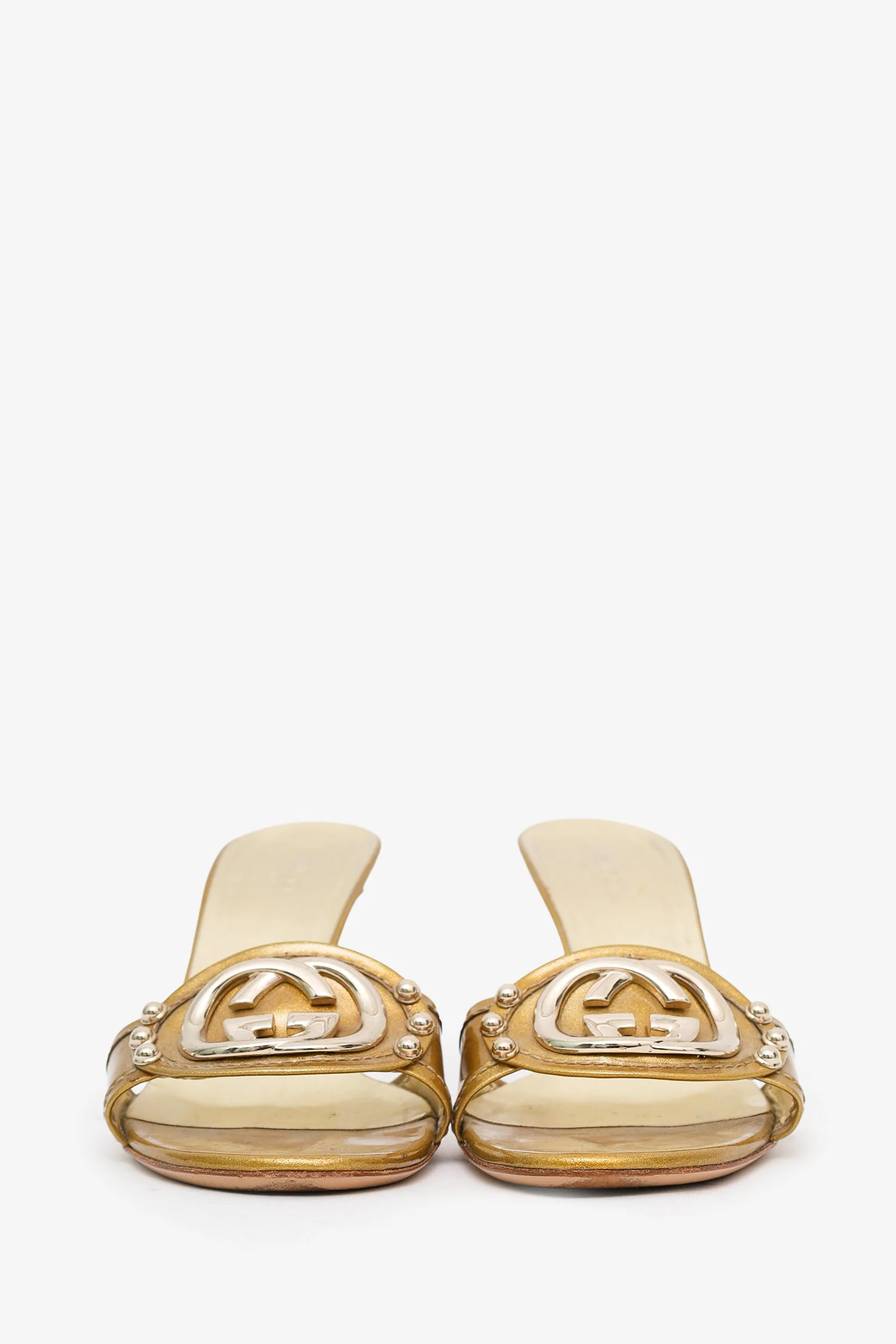Gucci Gold Metallic Patent Leather "Britt" Open Toe Sandal Slides Size 8.5 - Image 3