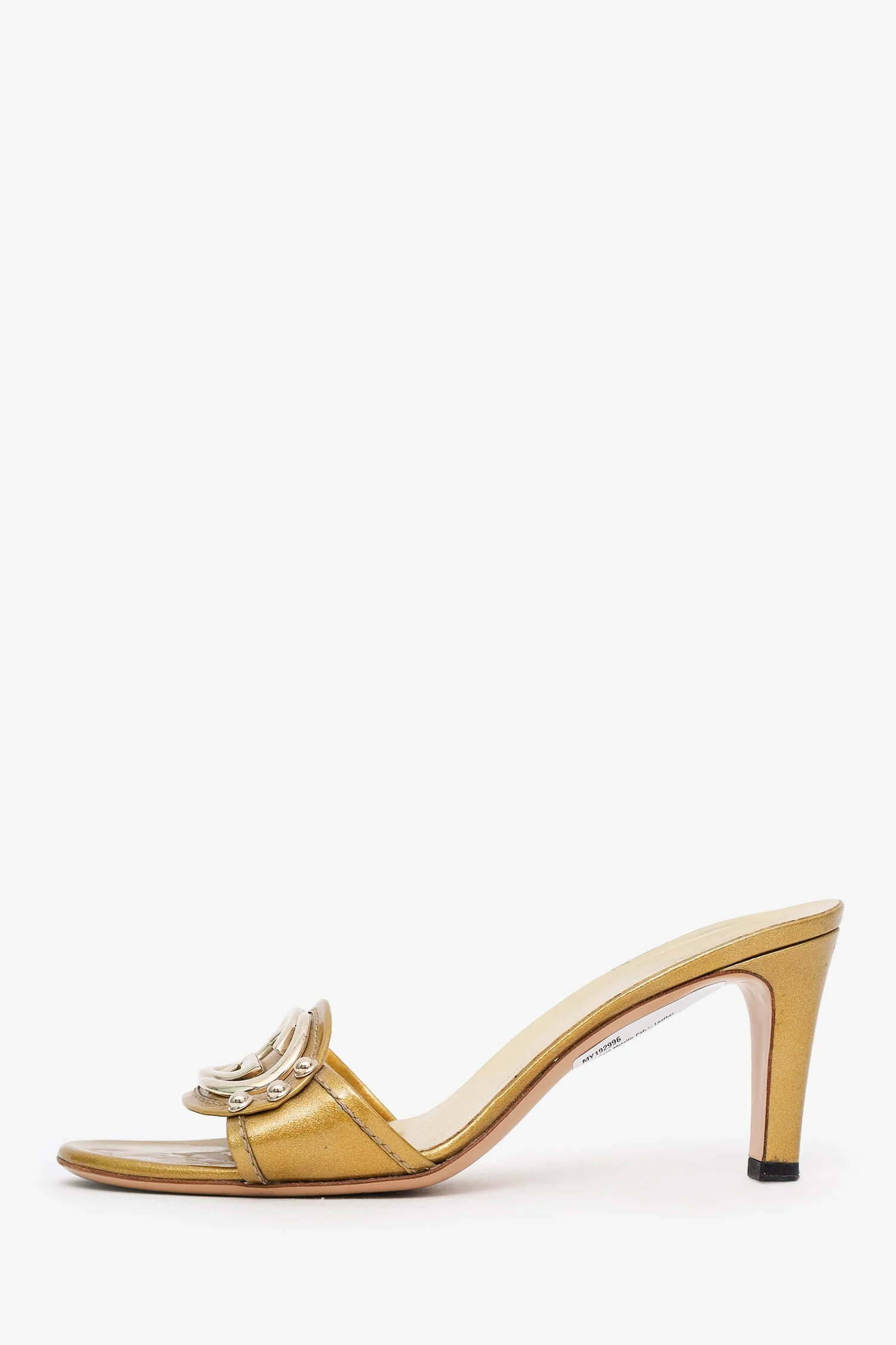 Gucci Gold Metallic Patent Leather "Britt" Open Toe Sandal Slides Size 8.5 - Image 4