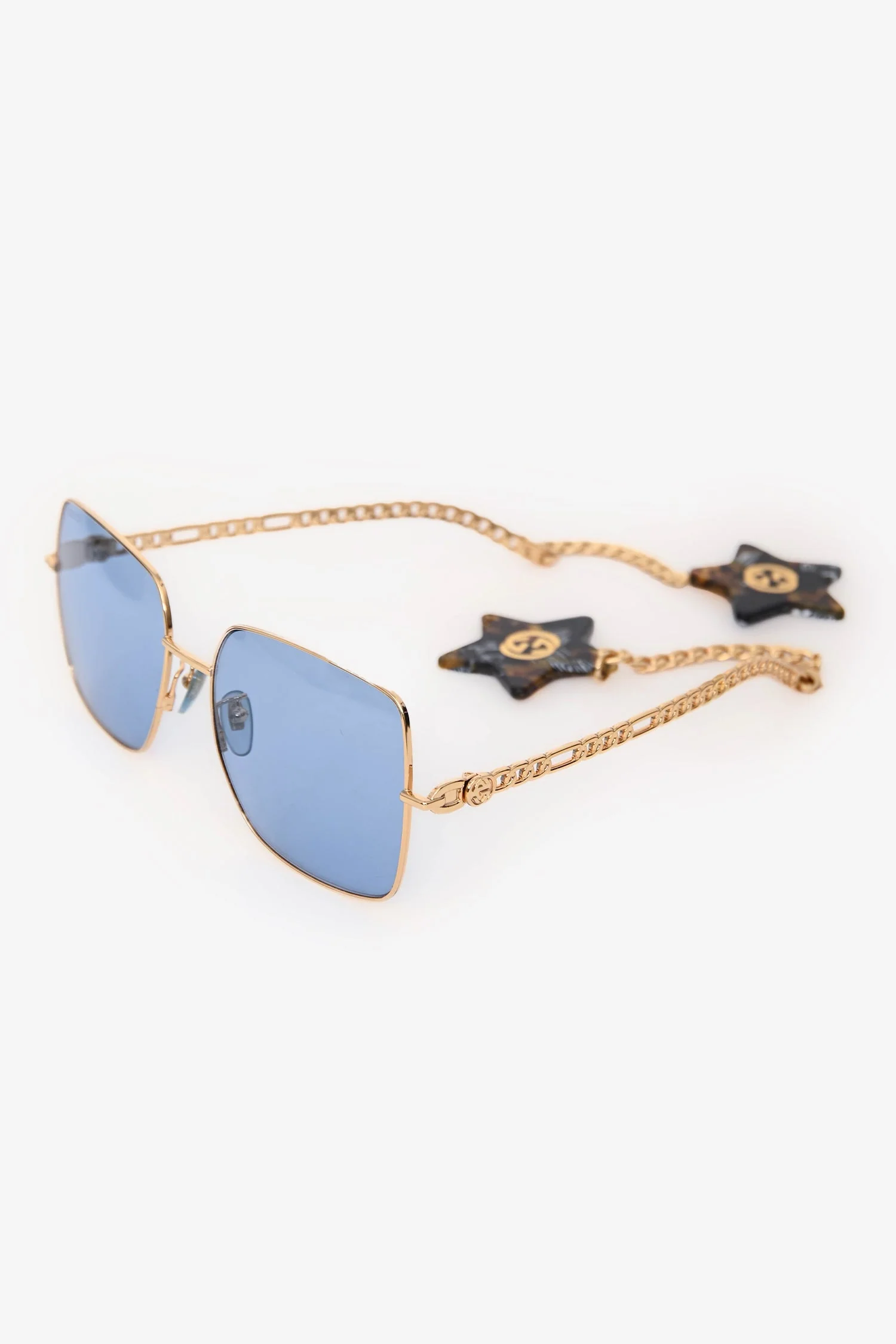 Gucci Gold Tone Metal Chain/Star Detailed Square Framed Sunglasses - Image 2