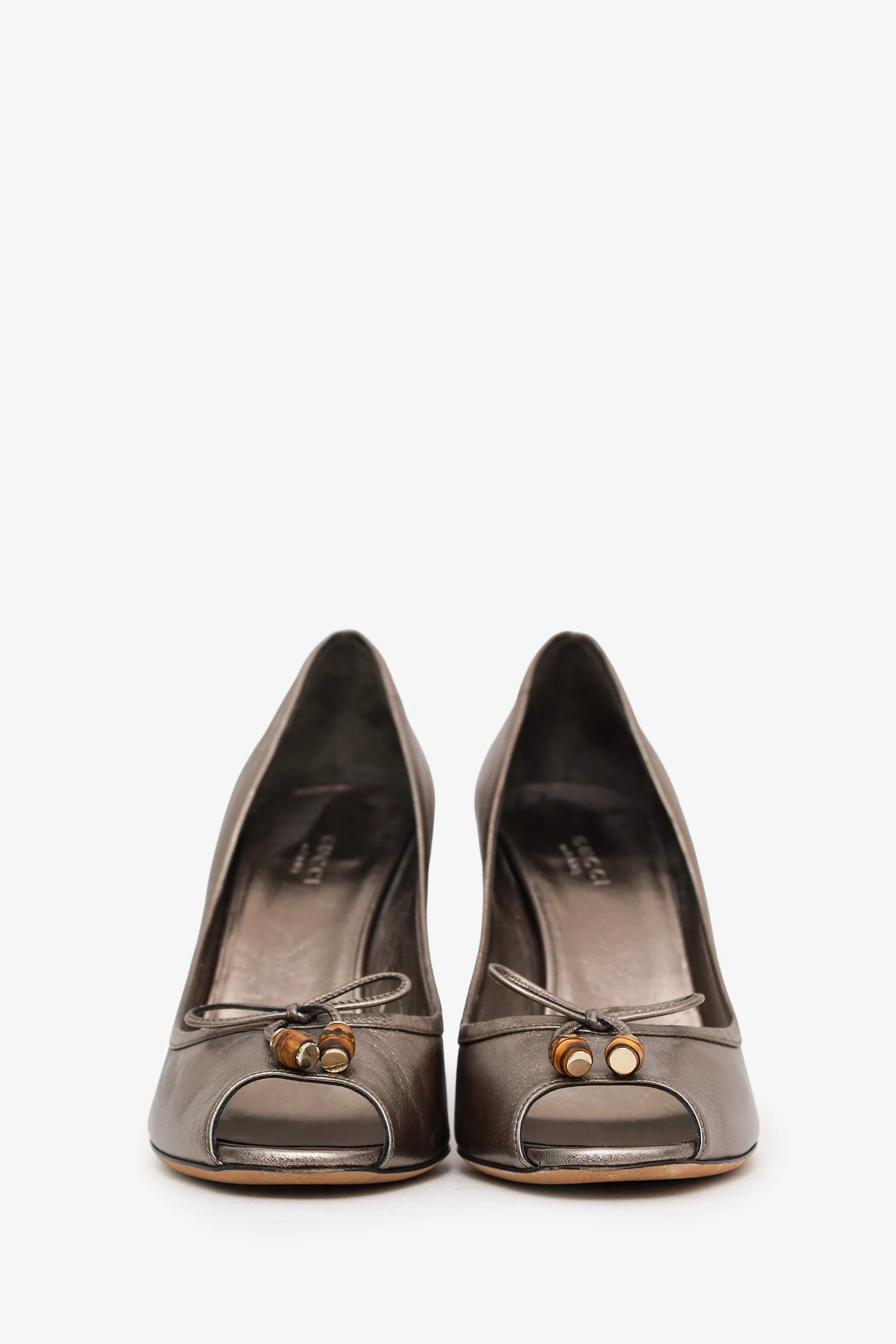 Gucci Grey Metallic Bamboo Accent Leather Peep Toe Pumps Size 8.5 - Image 3