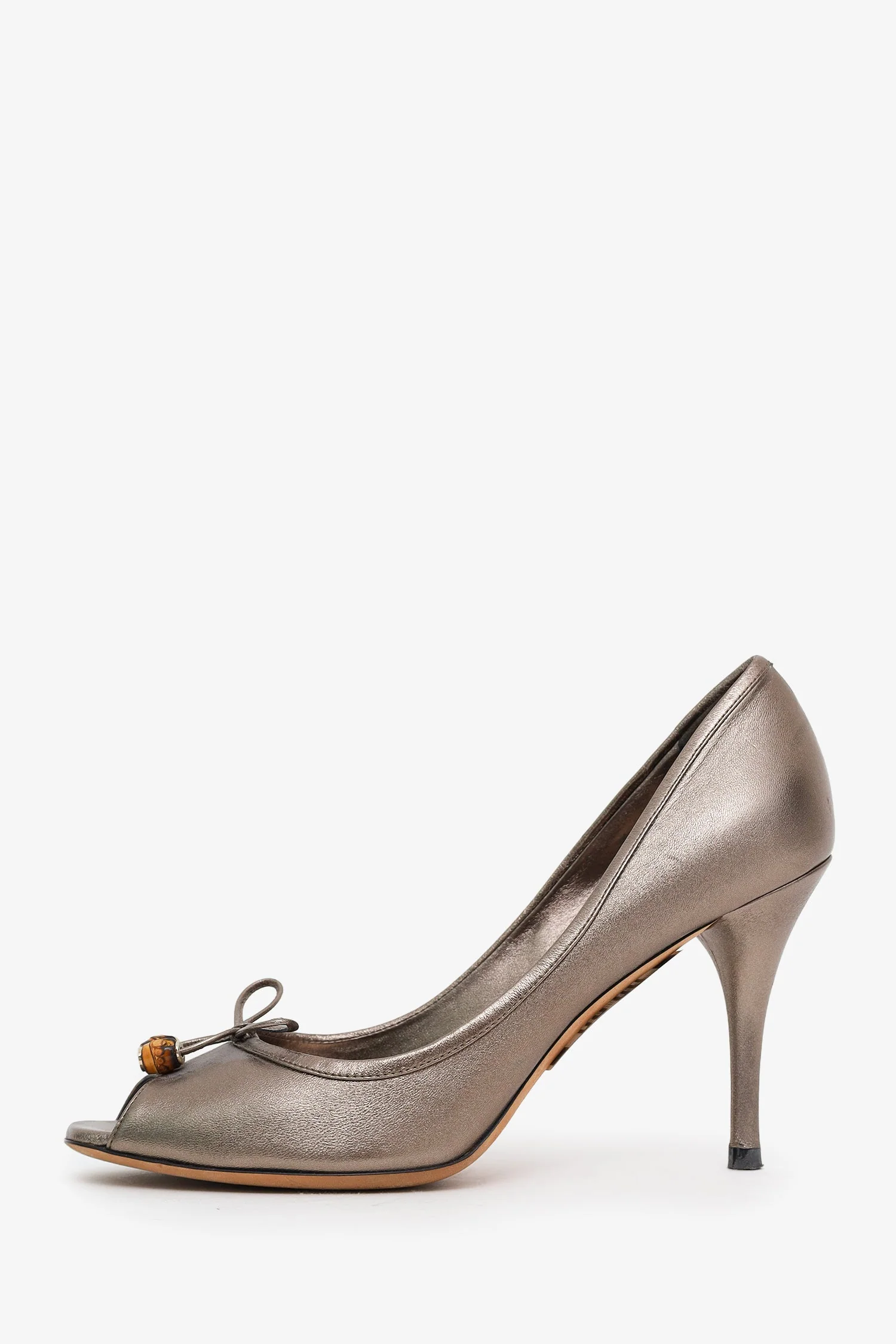Gucci Grey Metallic Bamboo Accent Leather Peep Toe Pumps Size 8.5 - Image 4
