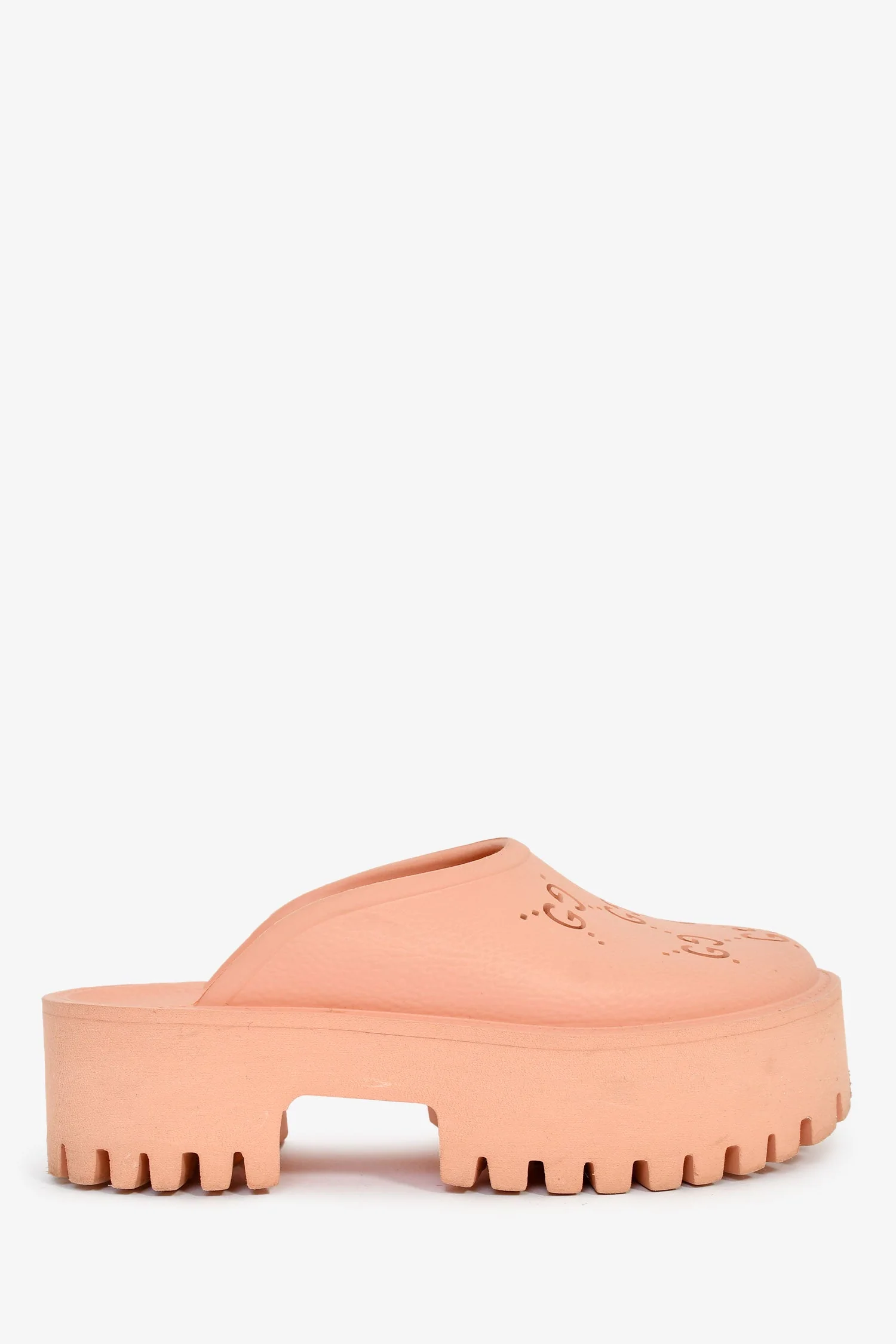 Gucci Pink Rubber Perforated 'GG' Chunky Mules Size 36