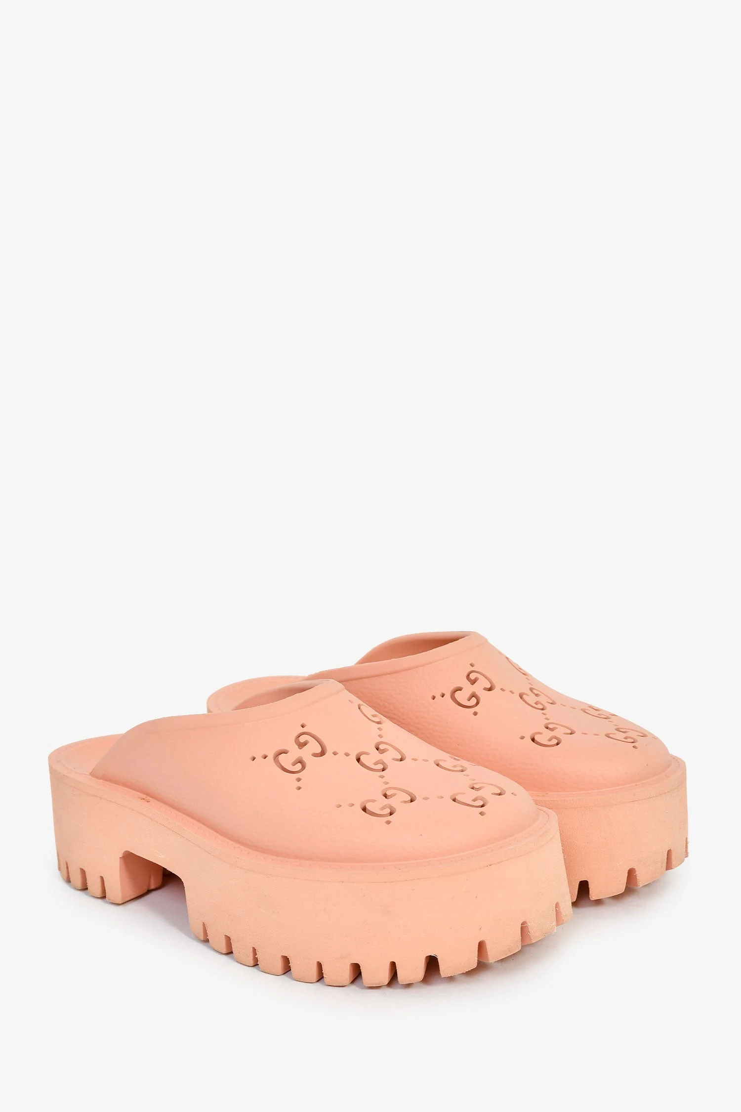Gucci Pink Rubber Perforated 'GG' Chunky Mules Size 36 - Image 2