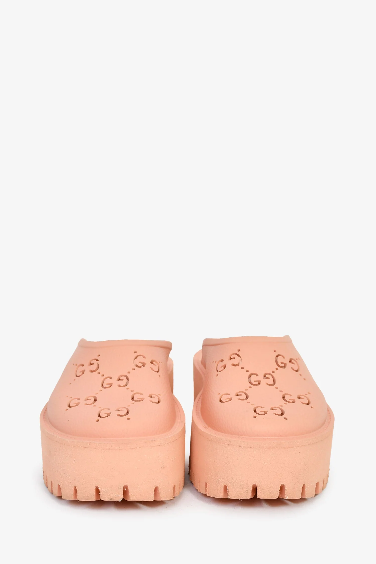 Gucci Pink Rubber Perforated 'GG' Chunky Mules Size 36 - Image 3