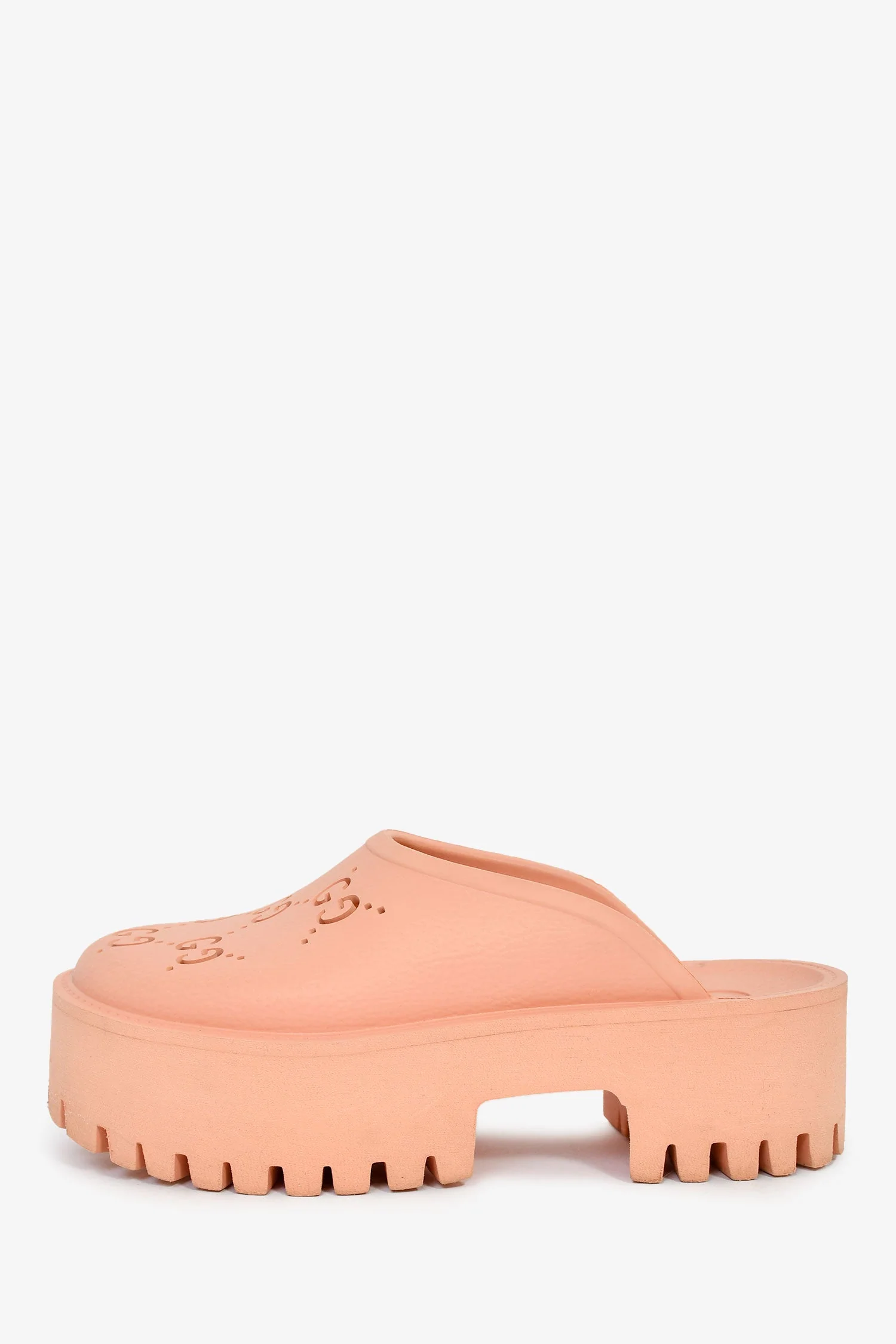 Gucci Pink Rubber Perforated 'GG' Chunky Mules Size 36 - Image 4