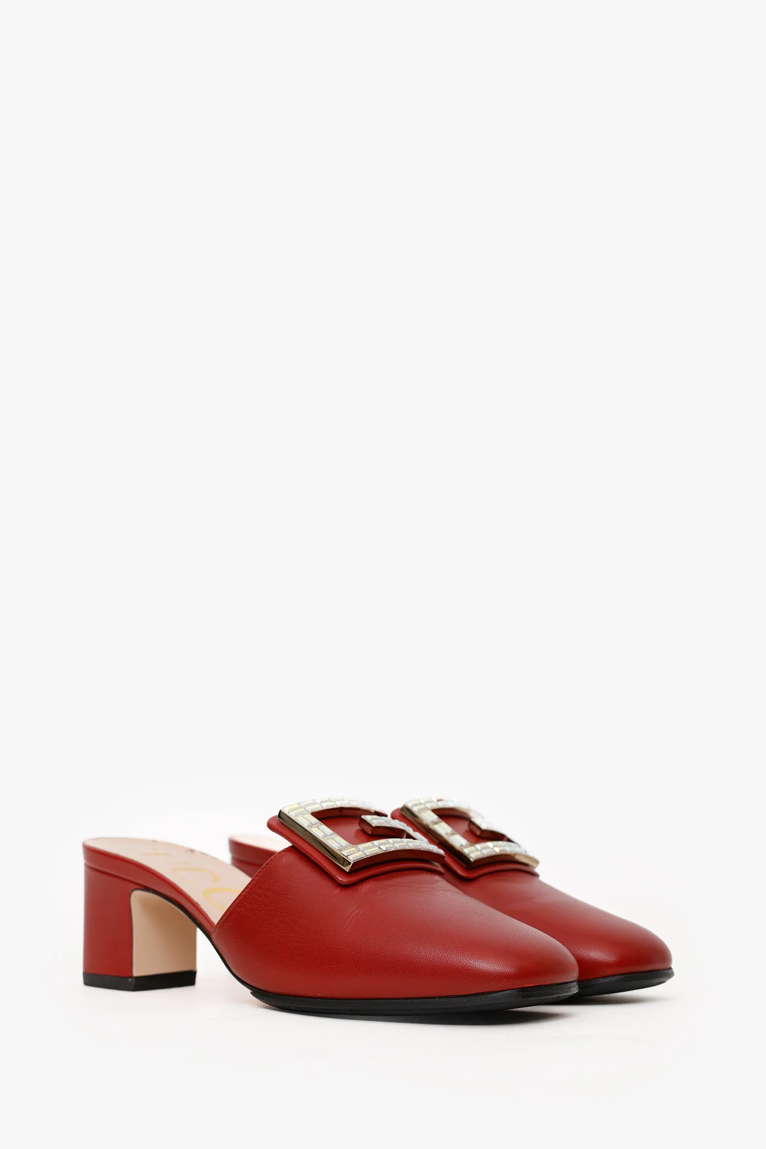 Gucci Red Leather Crystal Square G Madelyn Mules Size 37.5 - Image 2