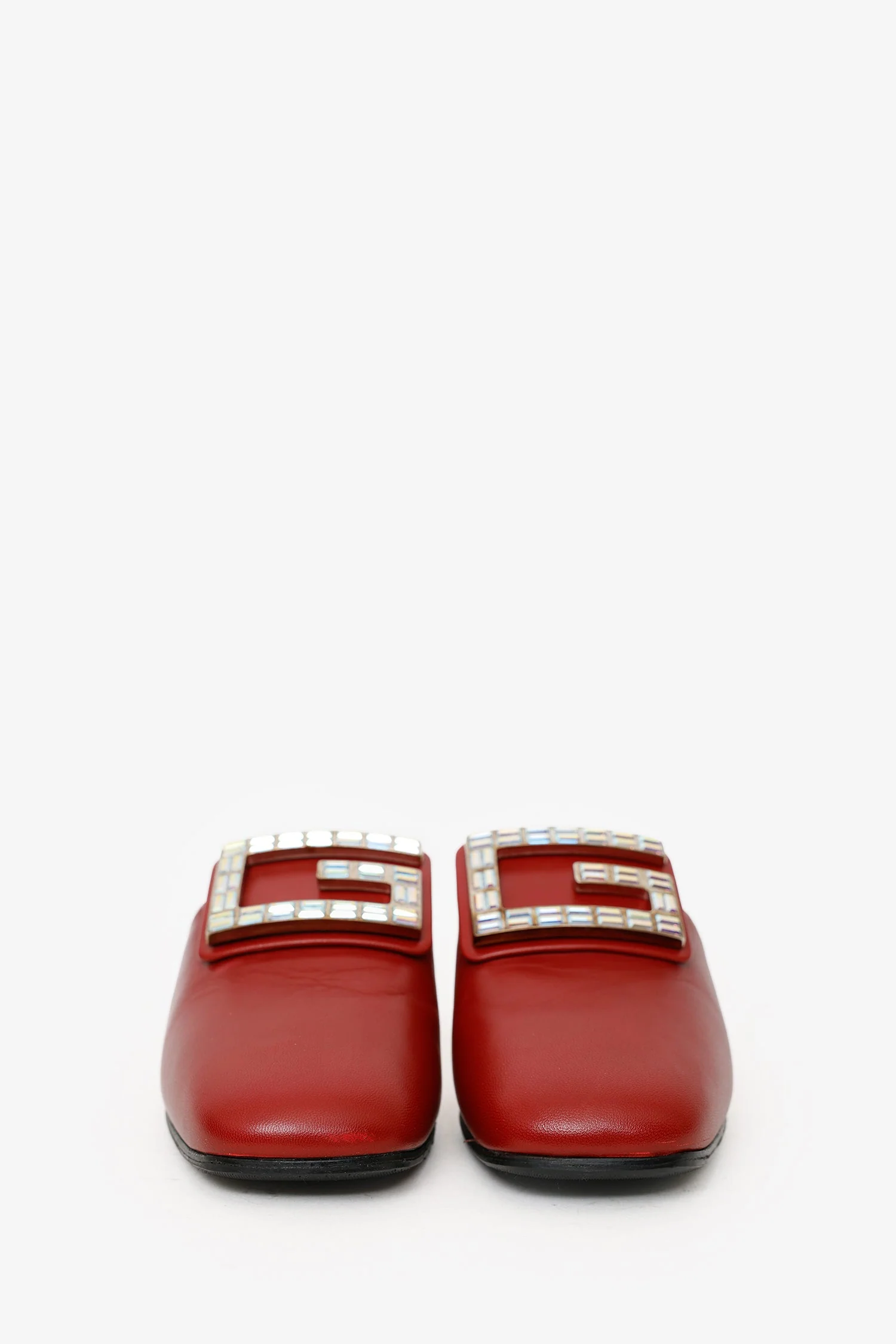 Gucci Red Leather Crystal Square G Madelyn Mules Size 37.5 - Image 3