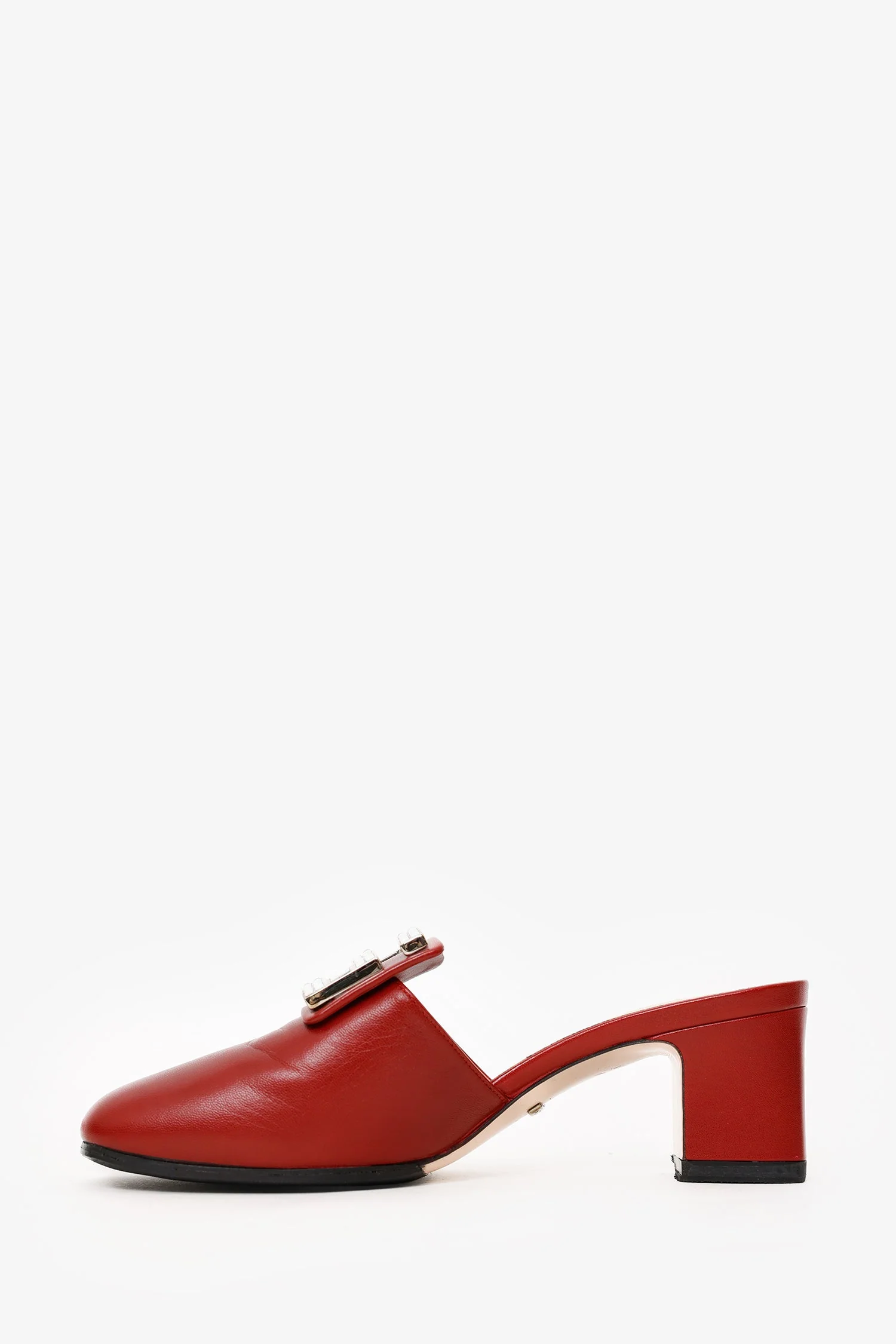 Gucci Red Leather Crystal Square G Madelyn Mules Size 37.5 - Image 4