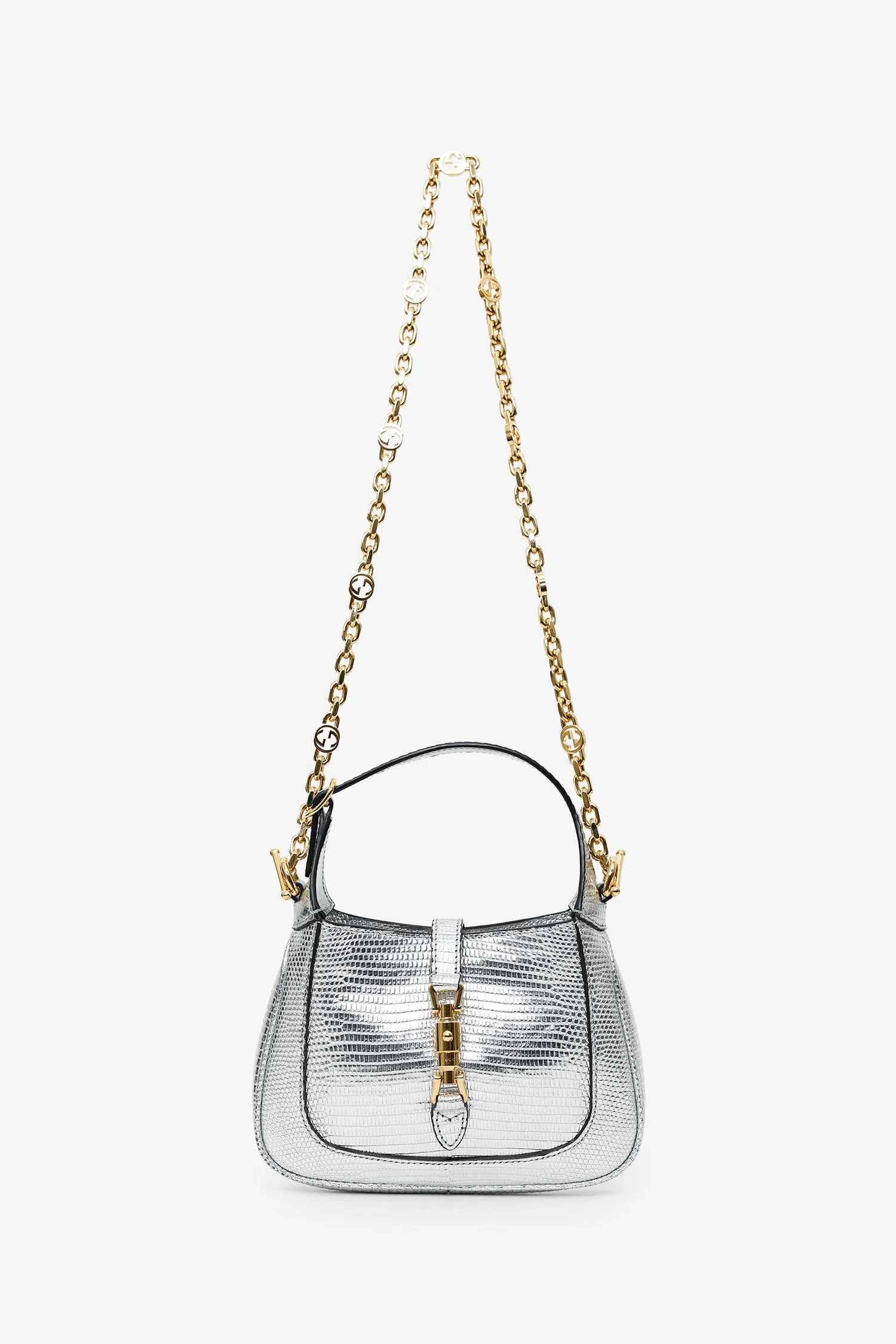 Gucci Silver Metallic Lizard Mini Jackie 1961 Shoulder Bag With Chain - Image 6