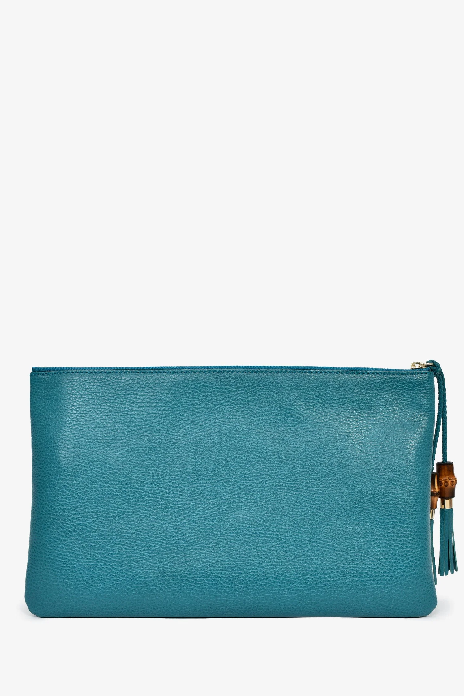 Gucci Turquoise Pebbled Leather Bamboo Tassel Clutch - Image 2