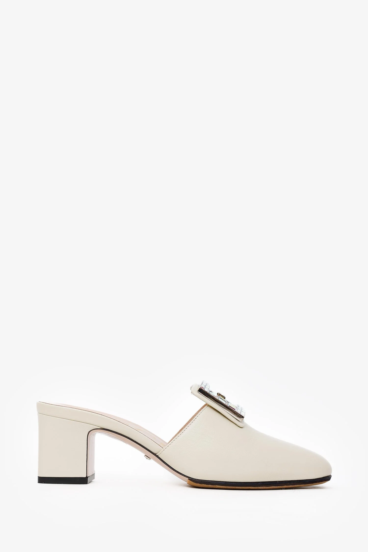 Gucci White Leather Crystal Square G Madelyn Mules Size 37.5