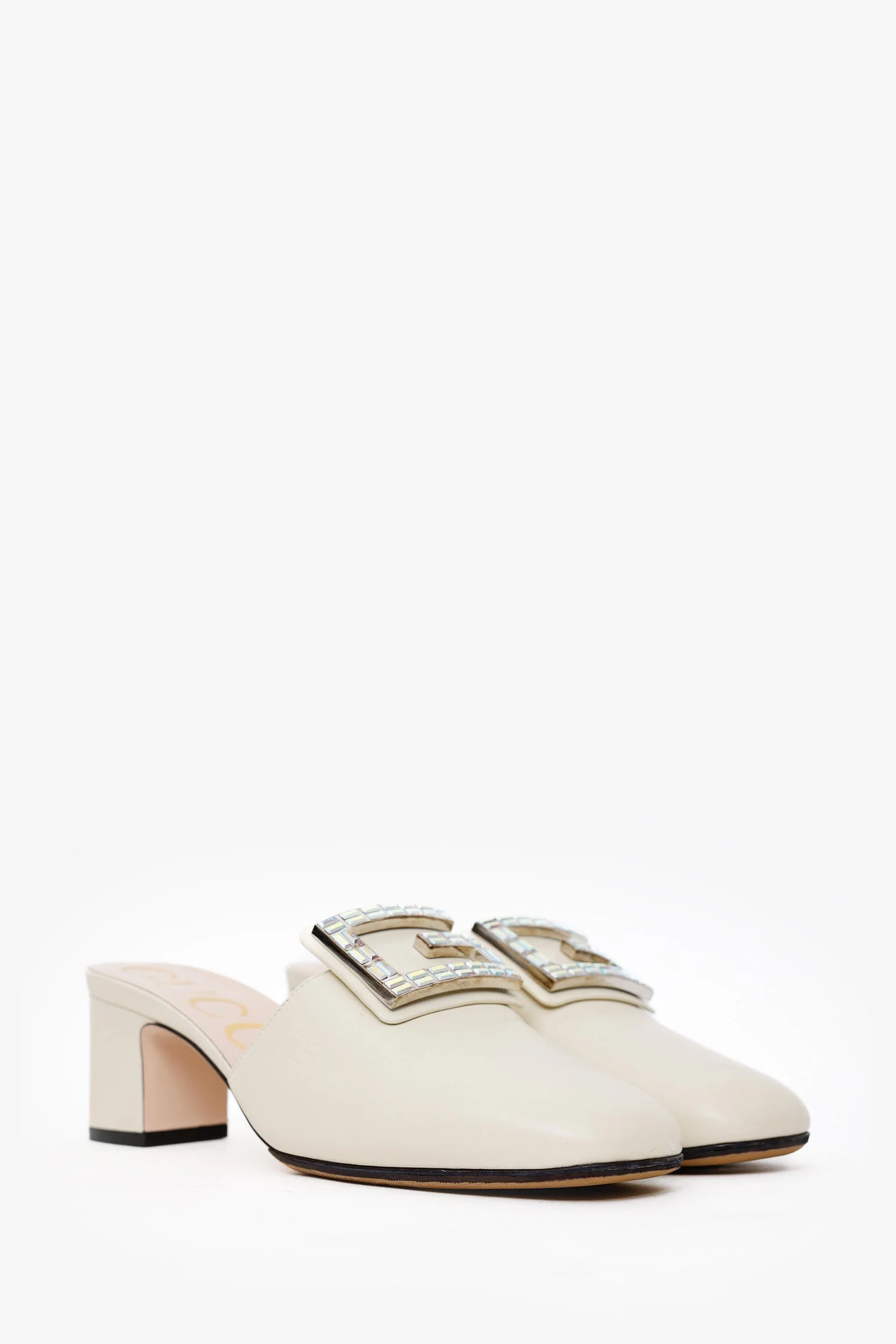 Gucci White Leather Crystal Square G Madelyn Mules Size 37.5 - Image 2