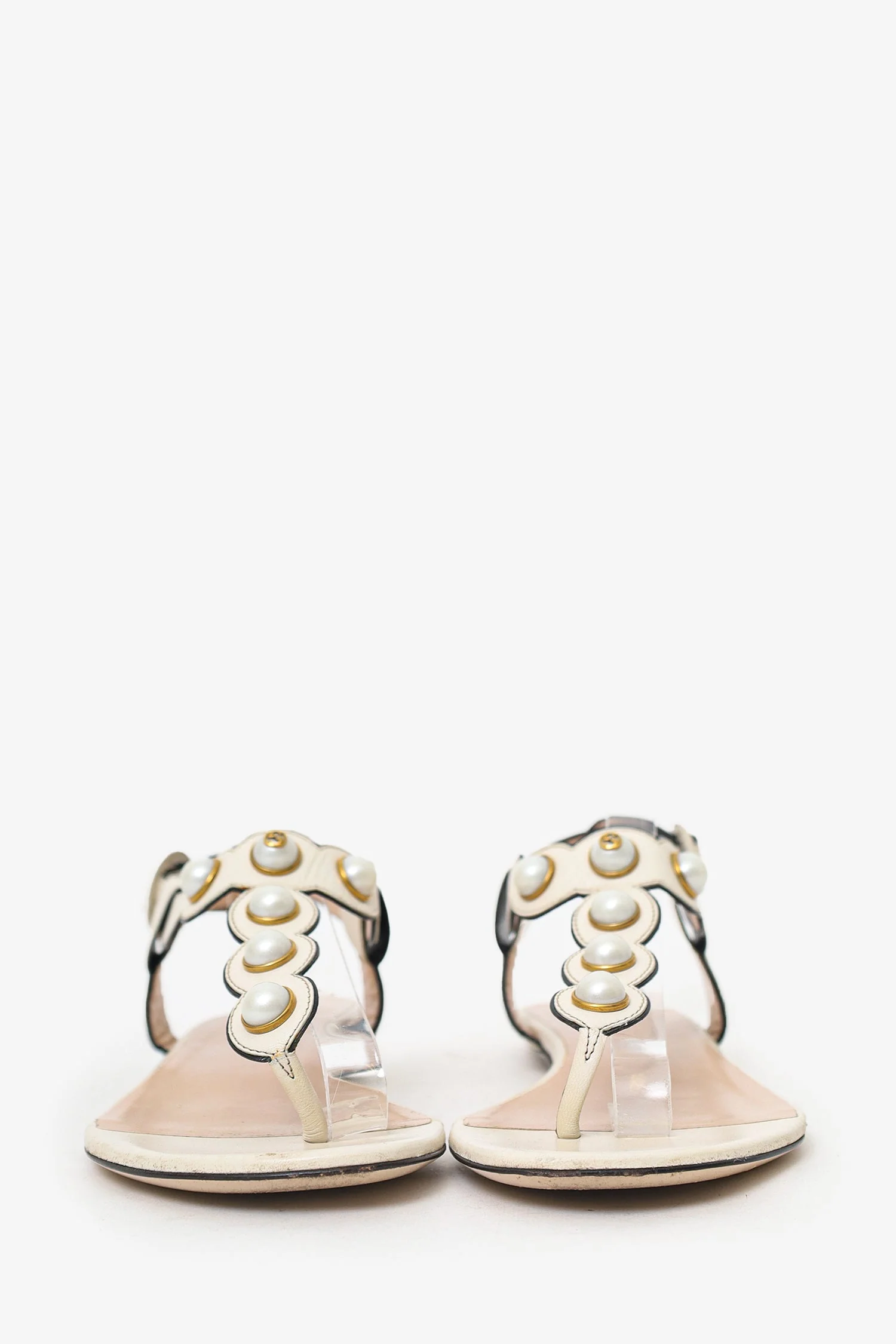 Gucci White Leather Pearl Detail Sandals Size 38.5 - Image 3