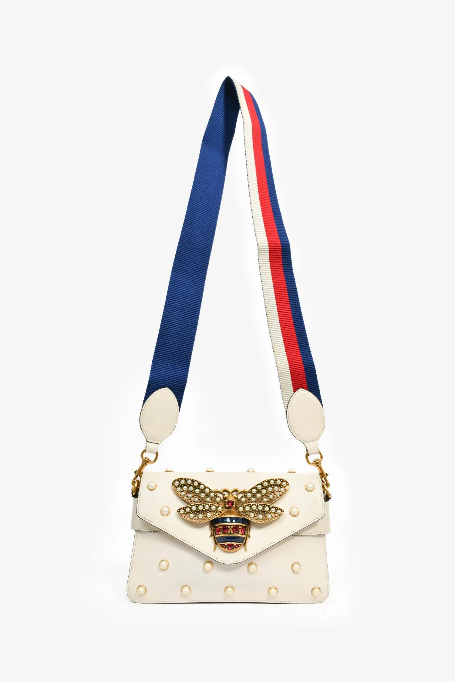 Gucci White Leather Pearl Studded Mini Broadway Bee Shoulder Bag with Web Strap - Image 10